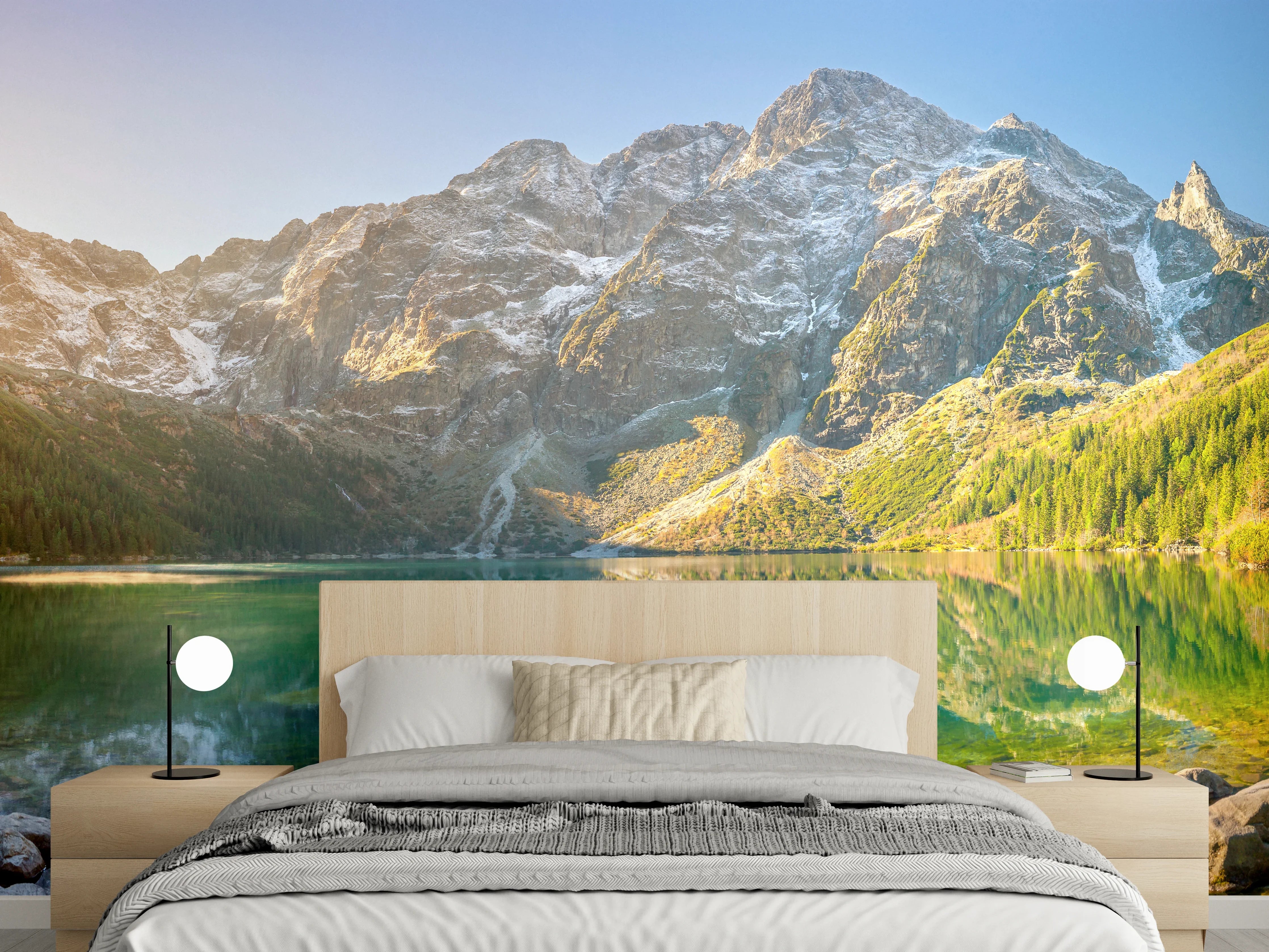 Wandverkleidung Schlafzimmer - Grauschimmer am See: Alpenpanorama