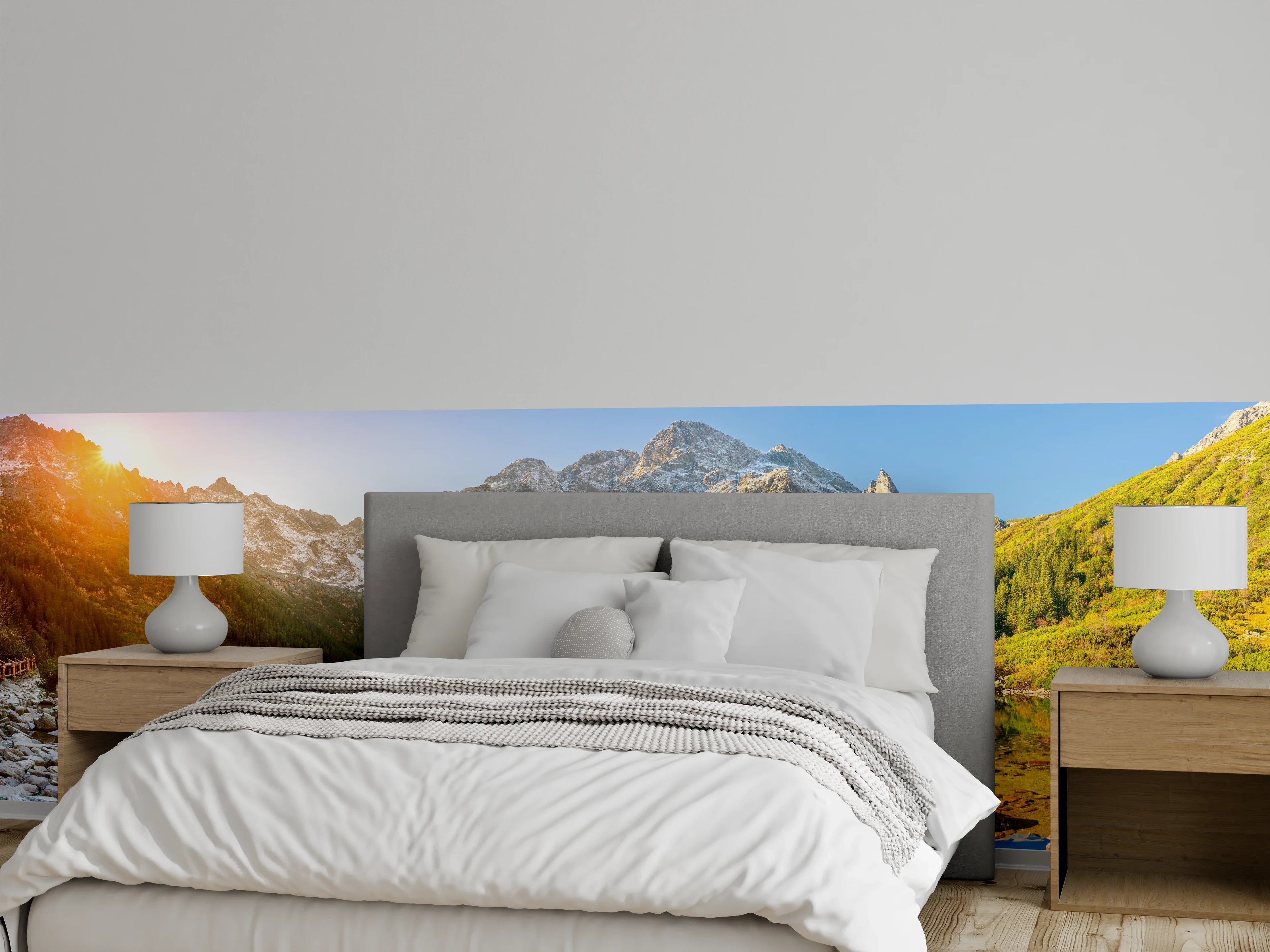 Wandverkleidung Schlafzimmer - Grauschimmer am See: Alpenpanorama