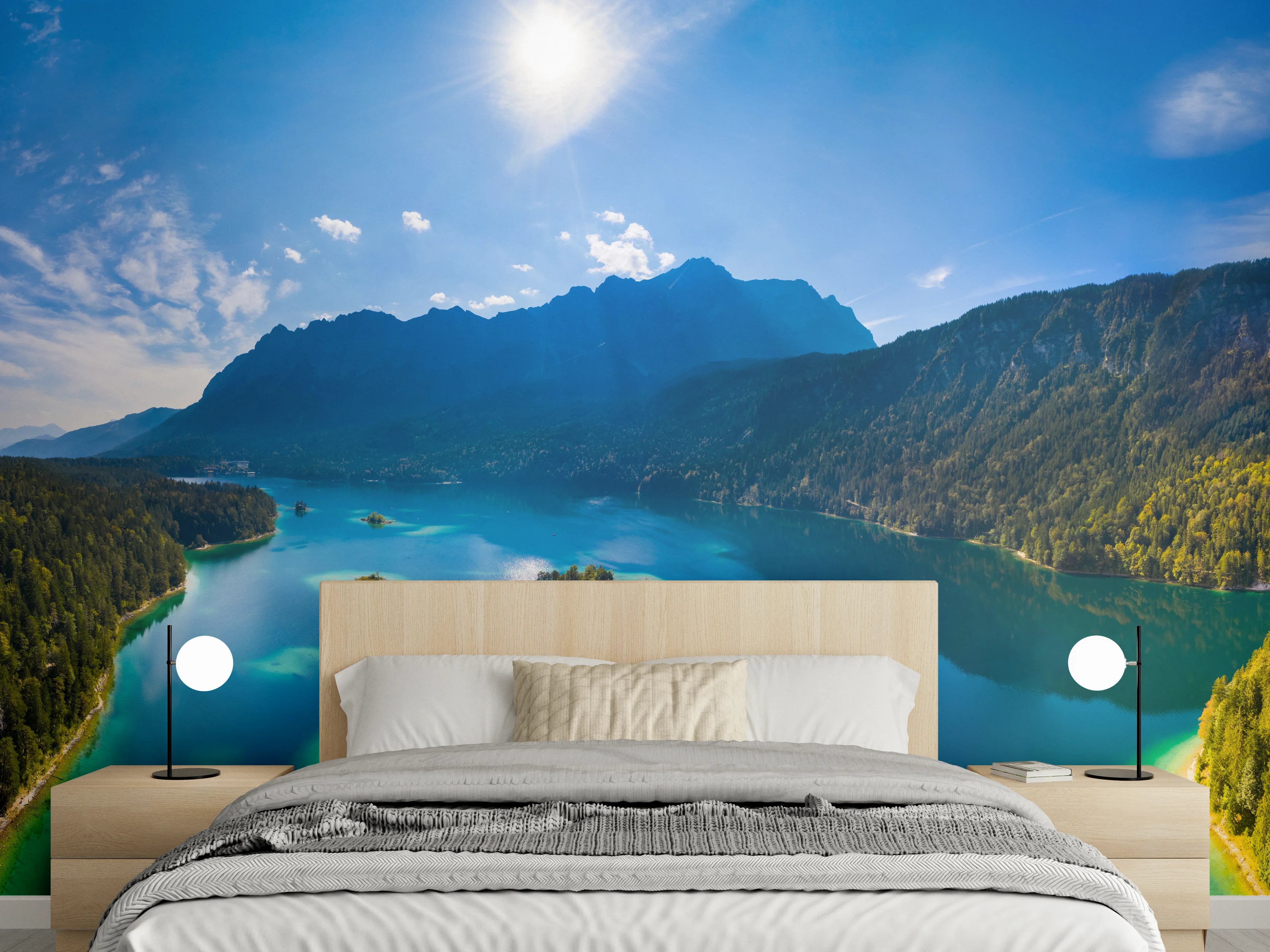 Wandverkleidung Schlafzimmer - Grauschimmer am stillen Alpenwasser