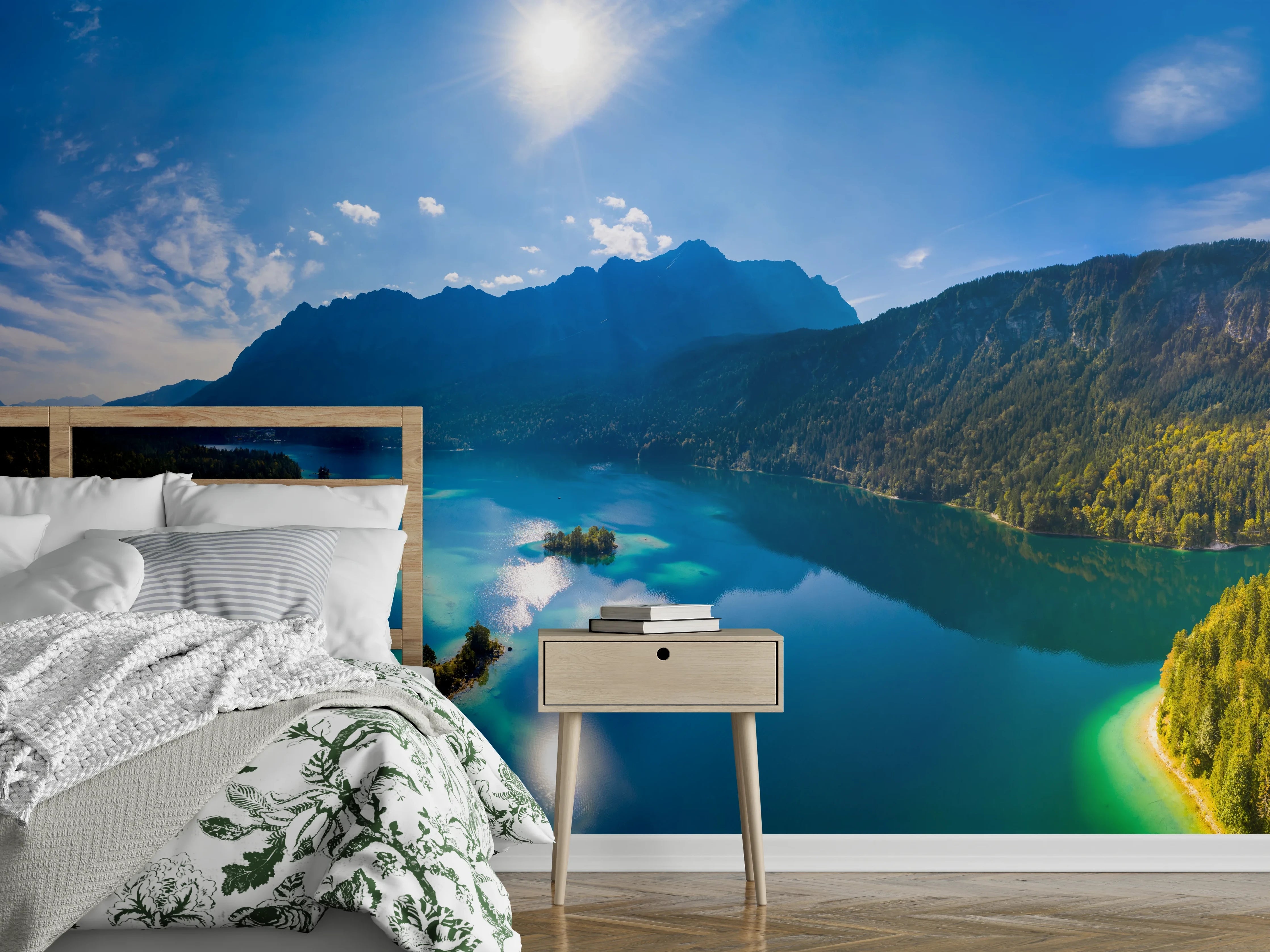 Wandverkleidung Schlafzimmer - Grauschimmer am stillen Alpenwasser
