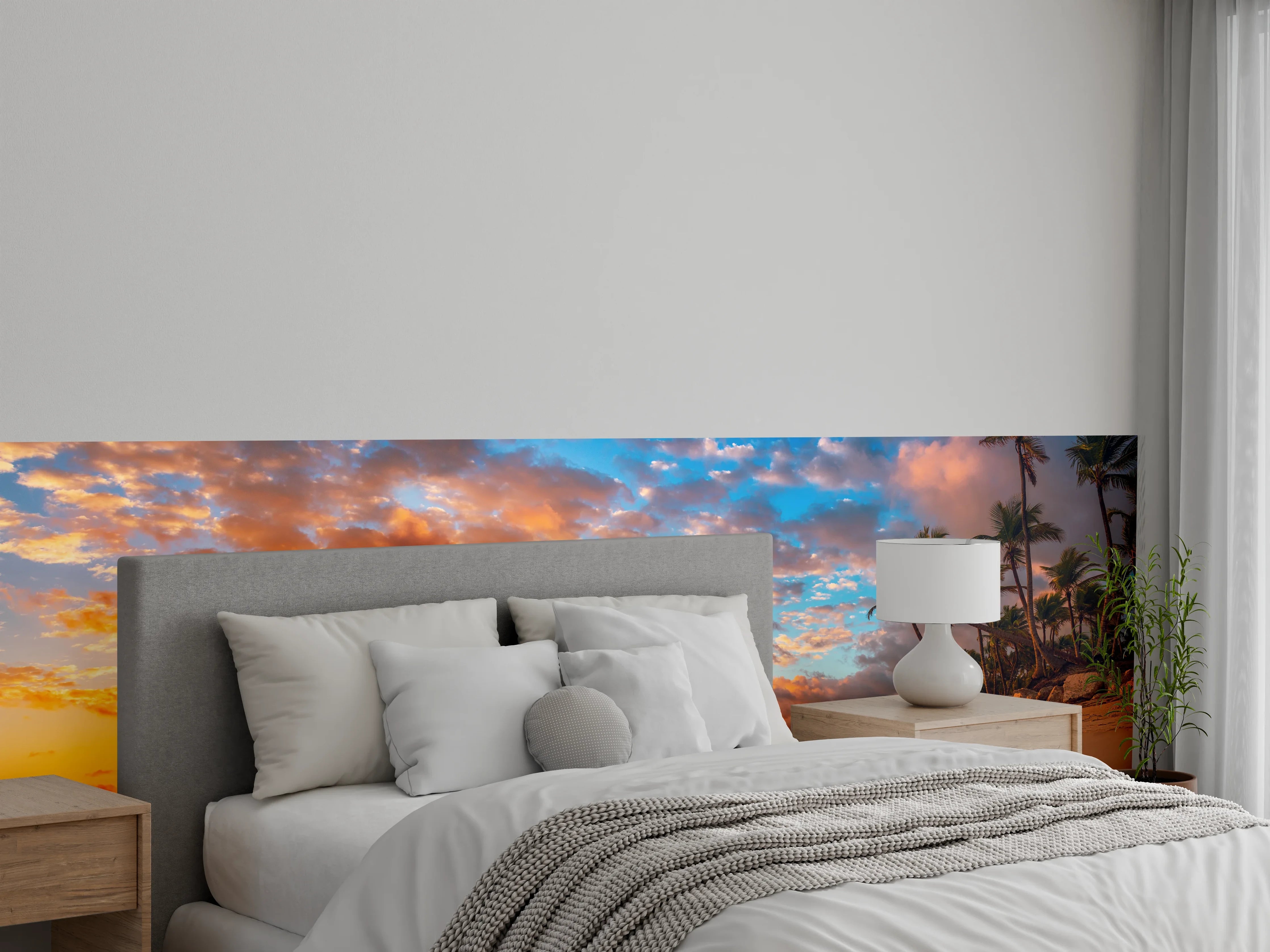 Wandverkleidung Schlafzimmer - Grauschimmer am tropischen Palmenufer