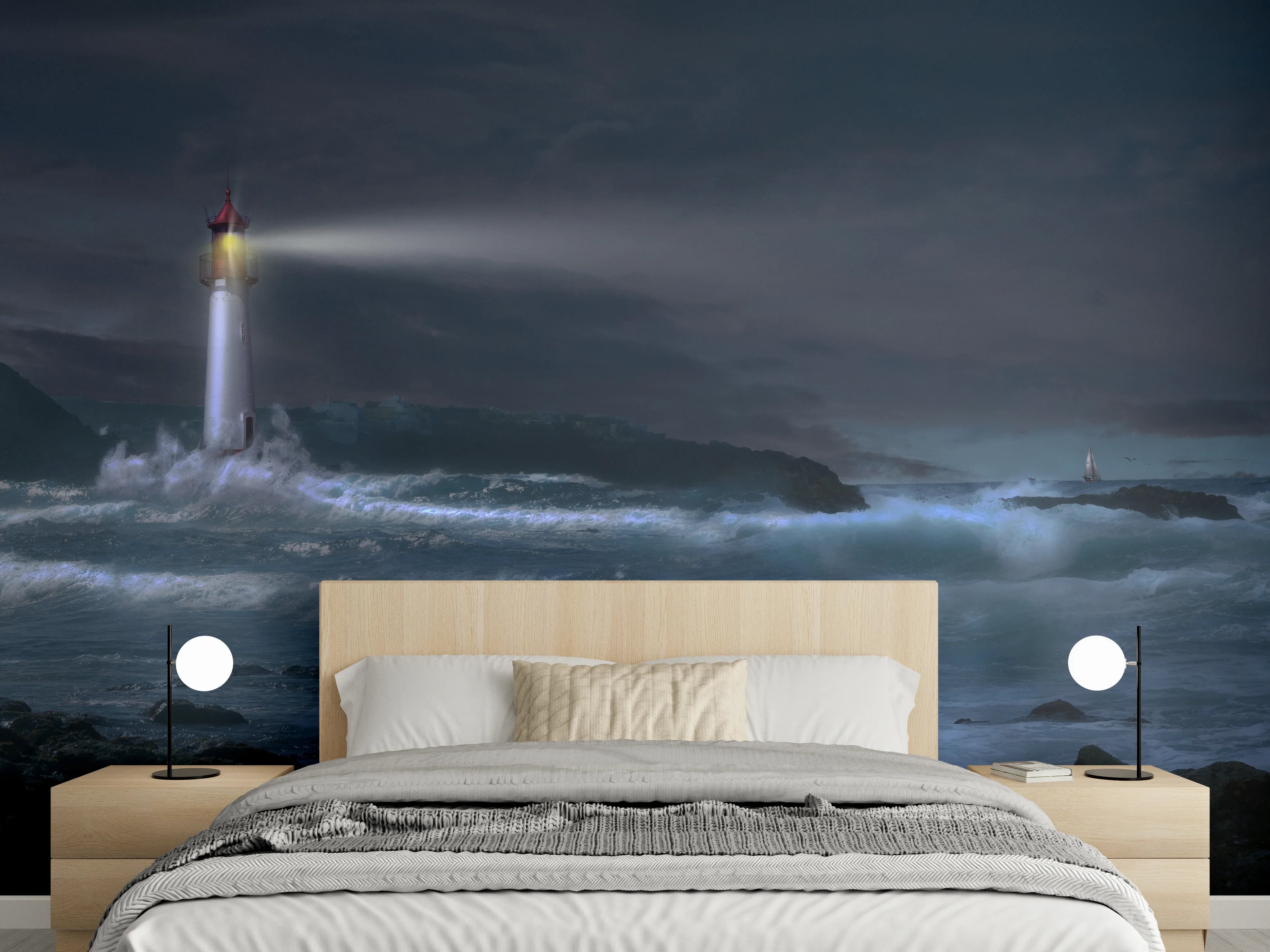 Wandverkleidung Schlafzimmer - Grauschimmer am weißen Leuchtturm