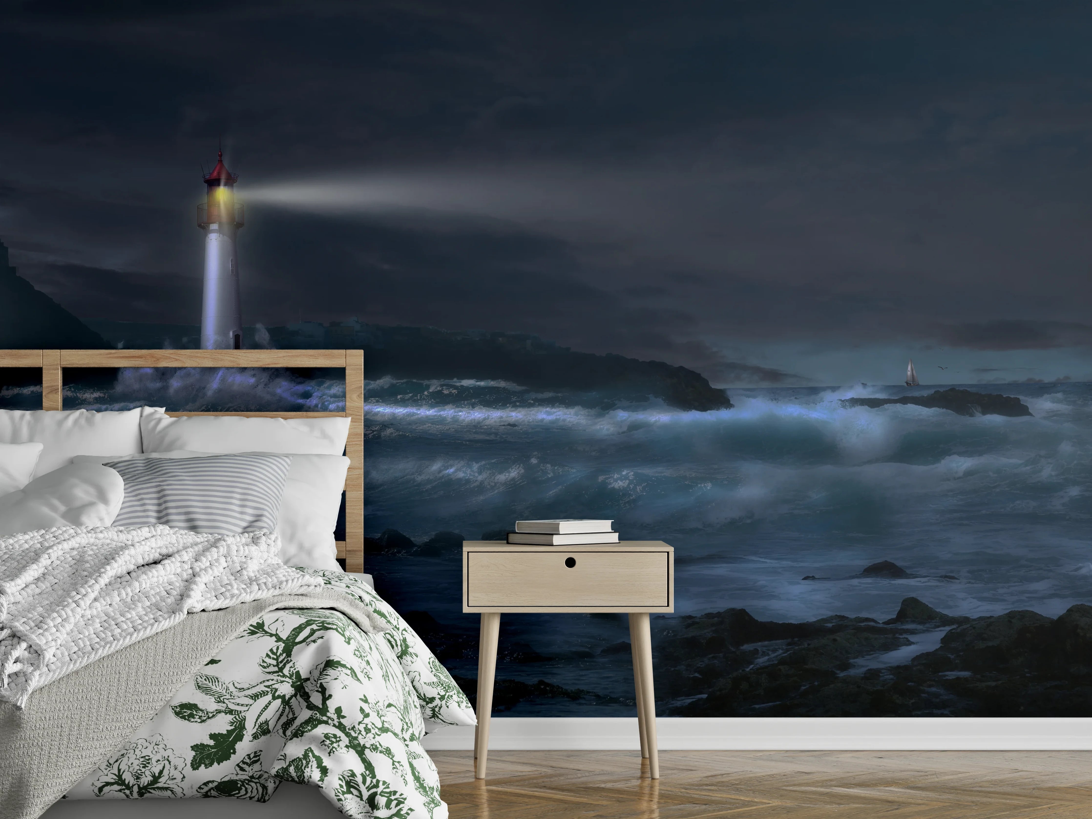 Wandverkleidung Schlafzimmer - Grauschimmer am weißen Leuchtturm