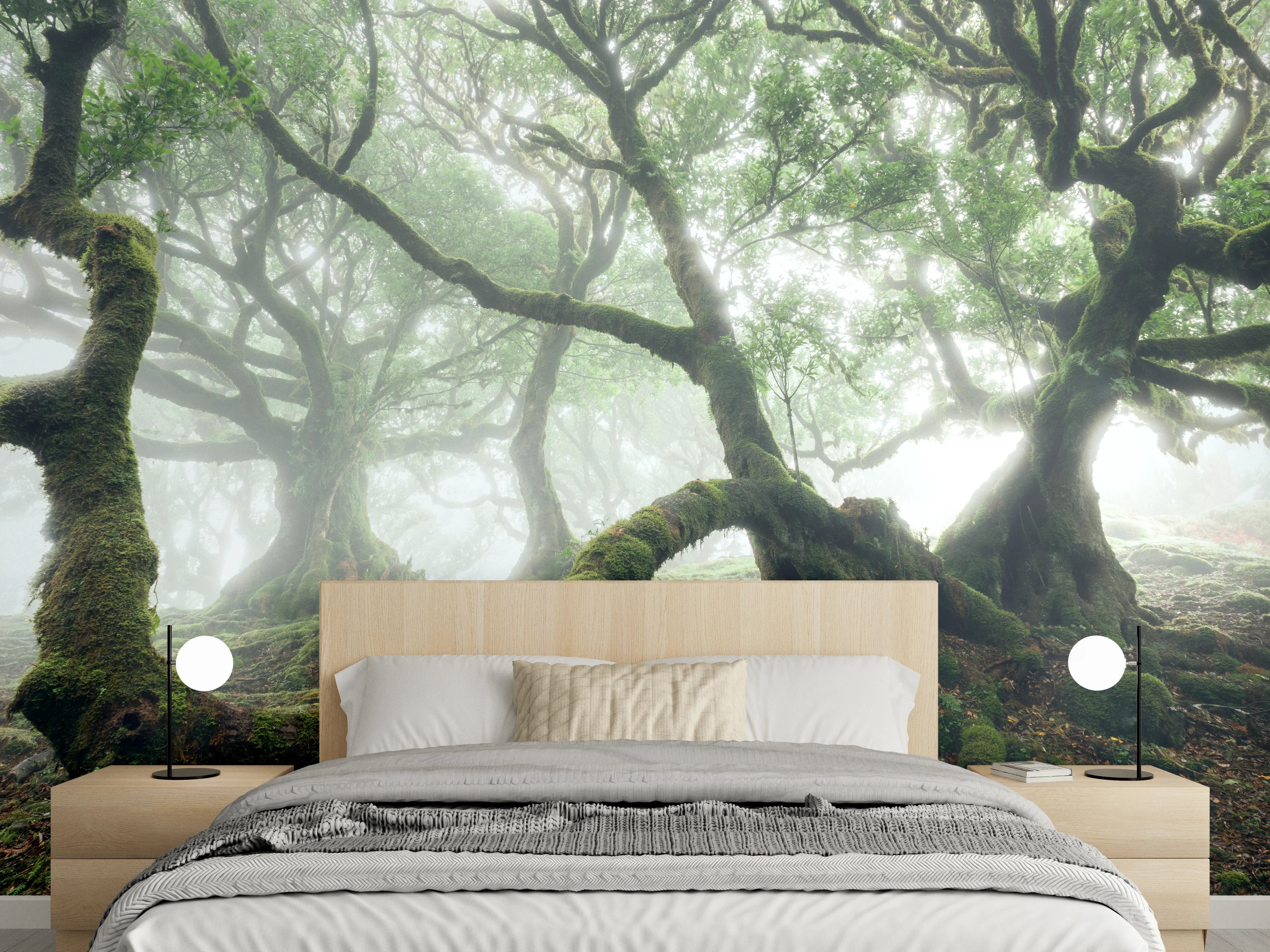Wandverkleidung Schlafzimmer - Grauschimmer im weißen Nebelwald