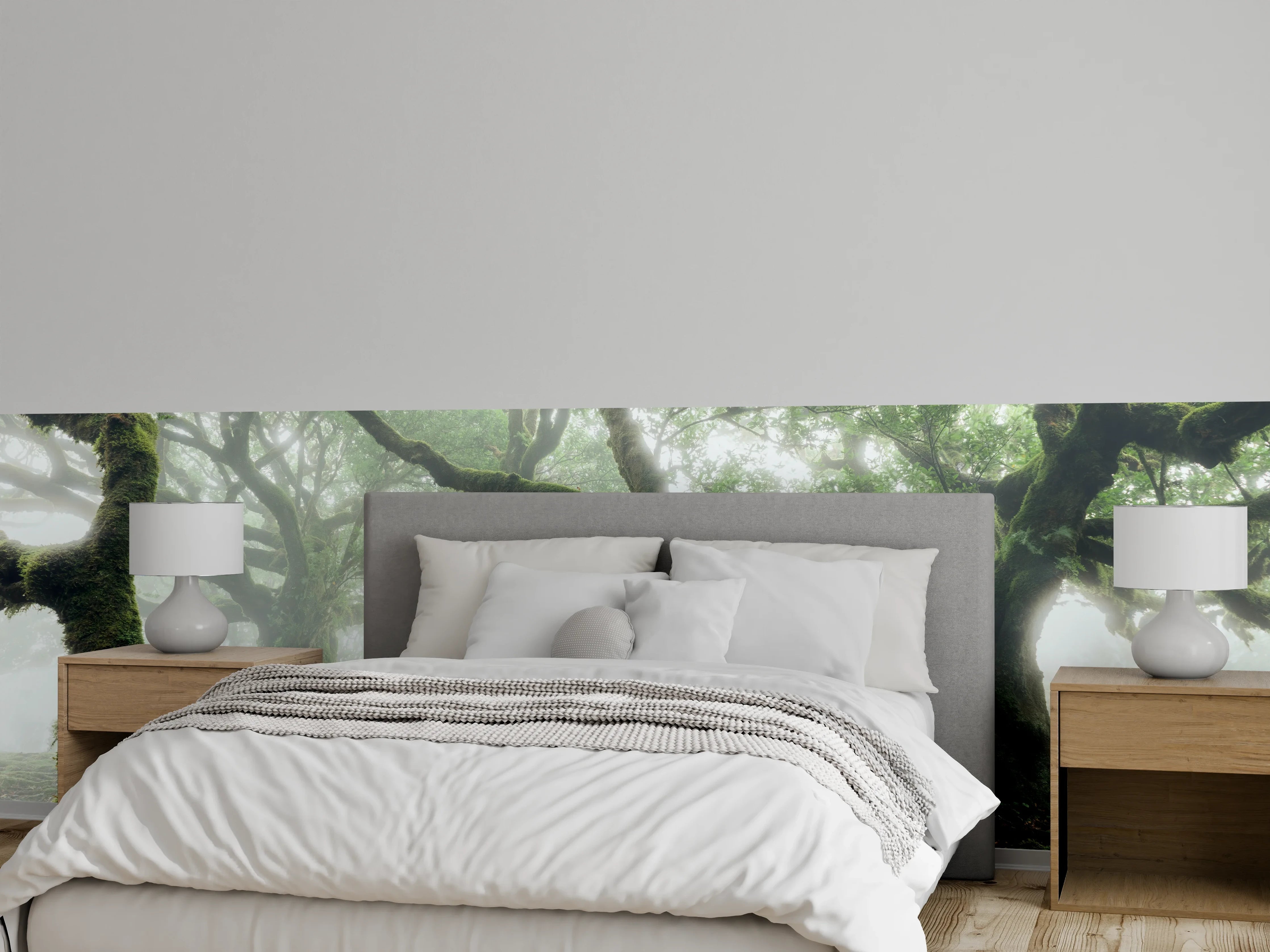 Wandverkleidung Schlafzimmer - Grauschimmer im weißen Nebelwald