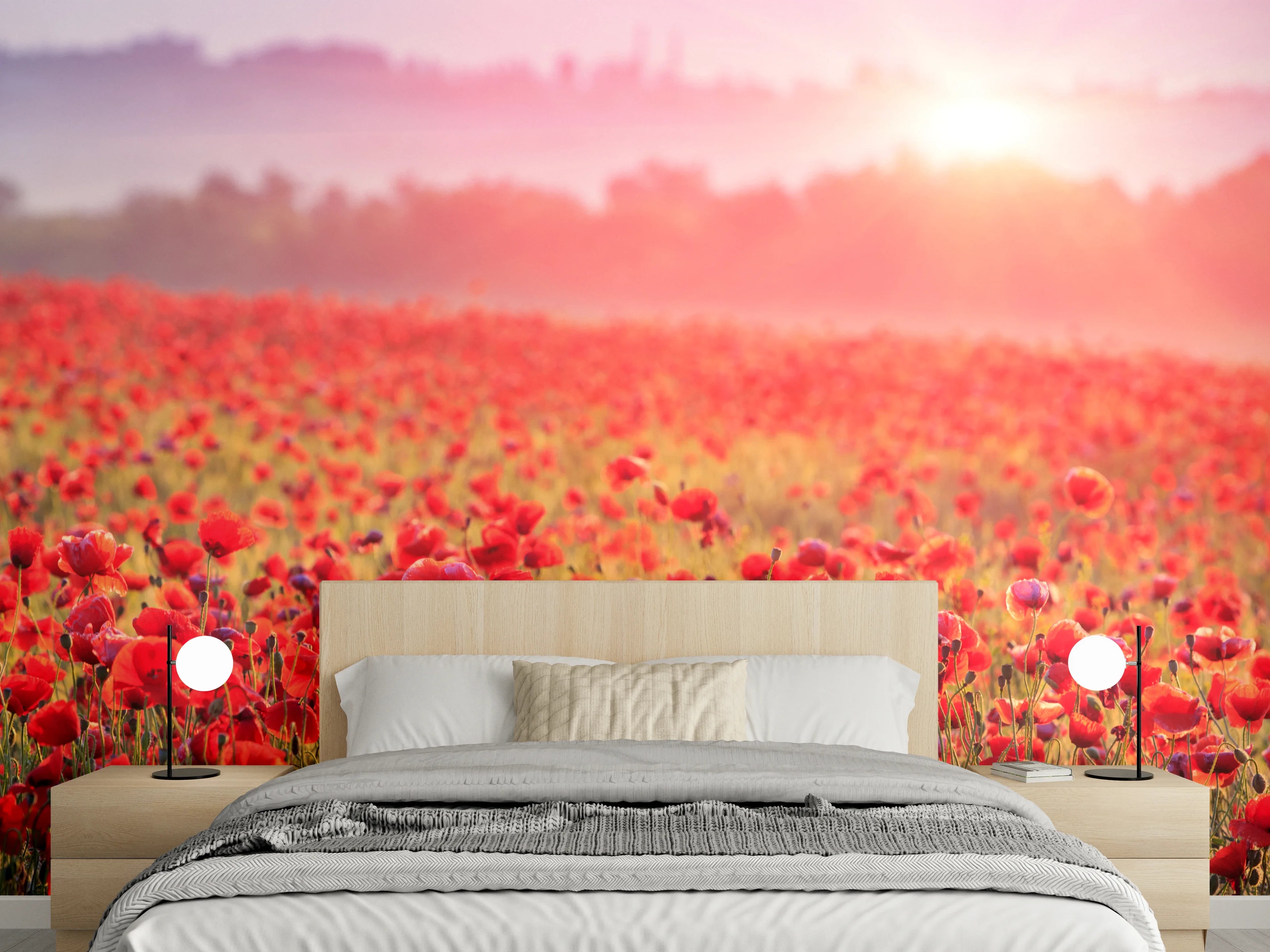 Wandverkleidung Schlafzimmer - Grauschimmer über weißen Blütenmeeren