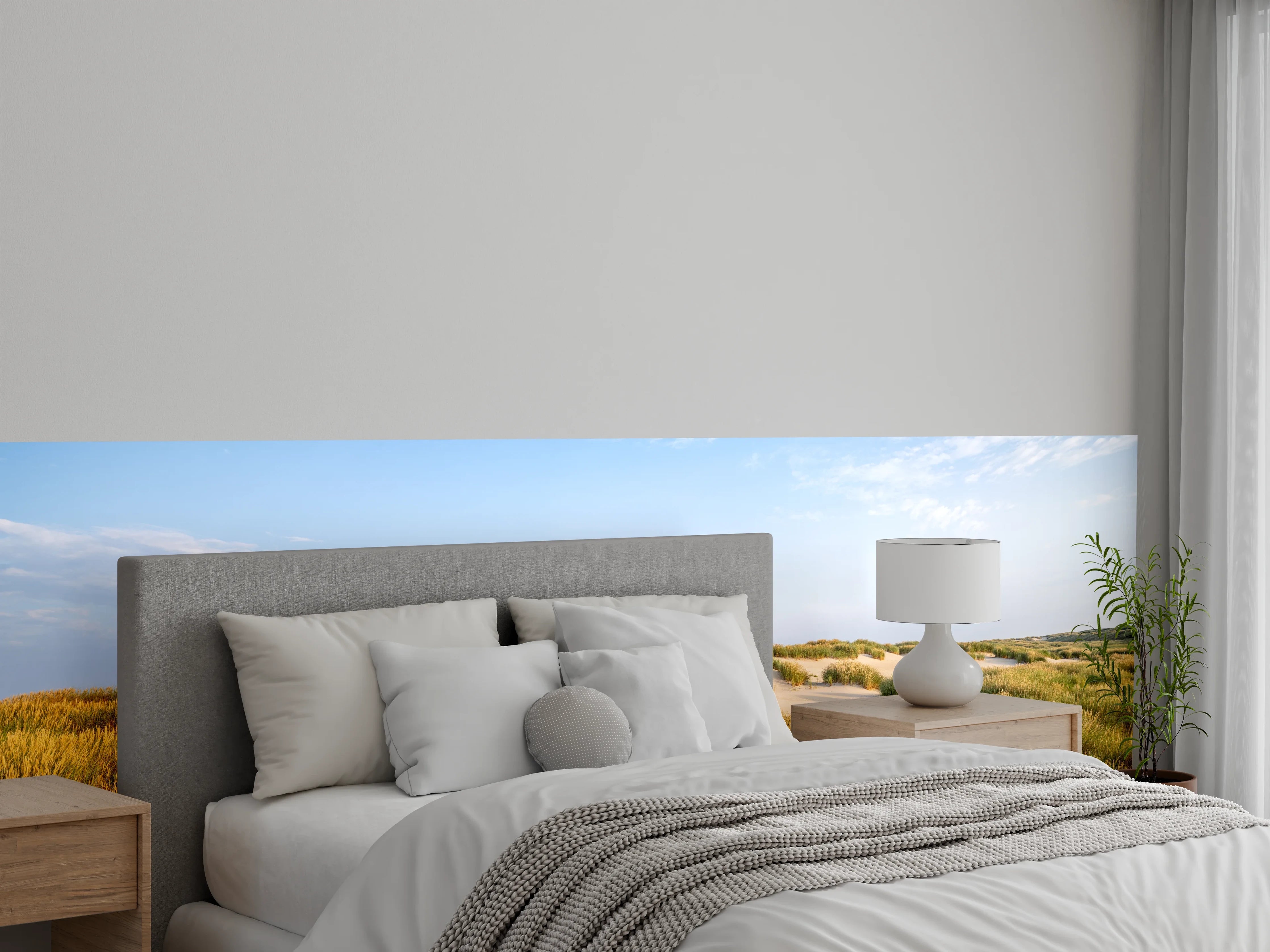 Wandverkleidung Schlafzimmer - Grauschimmer über weißen Dünengras