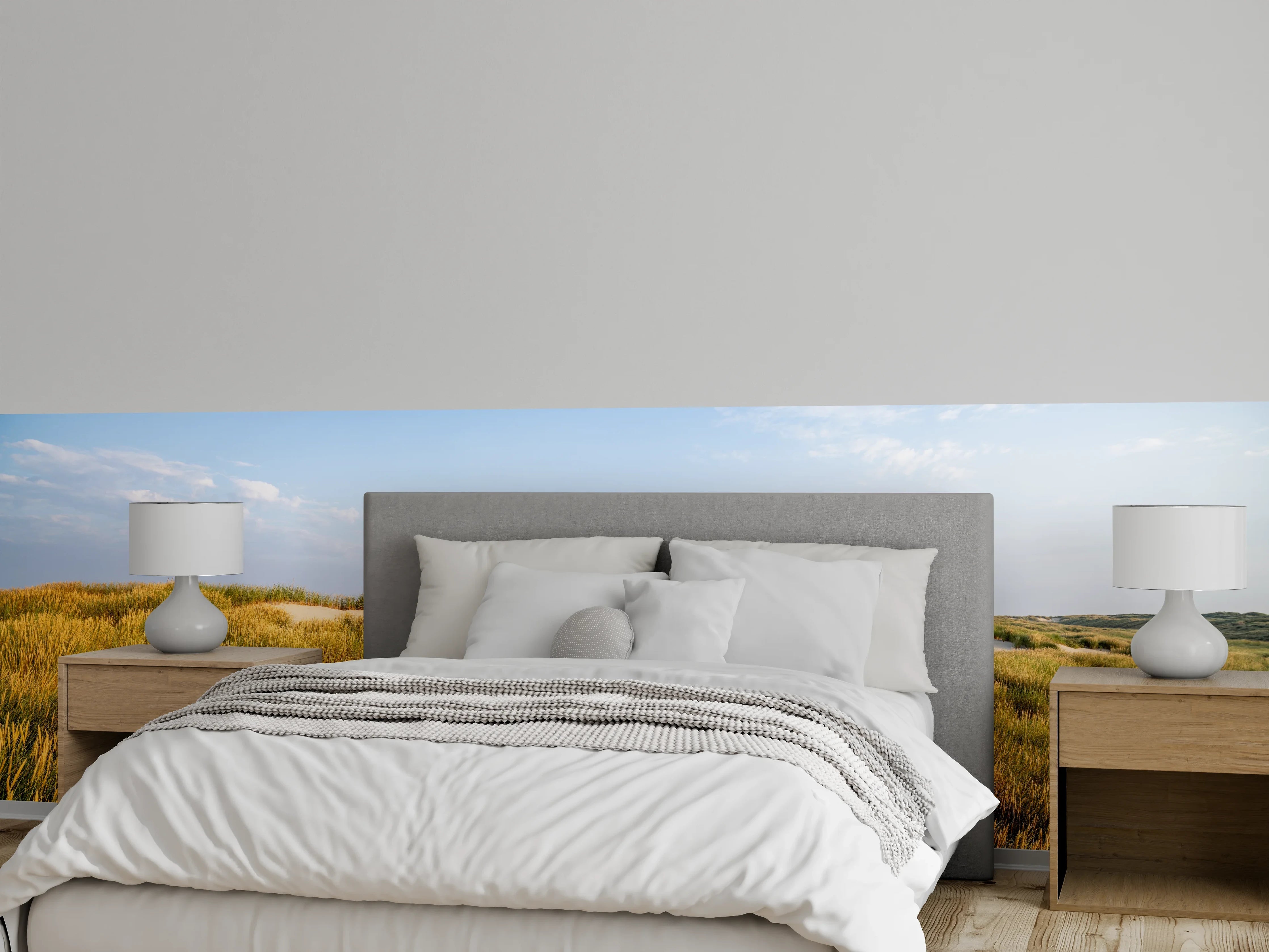 Wandverkleidung Schlafzimmer - Grauschimmer über weißen Dünengras