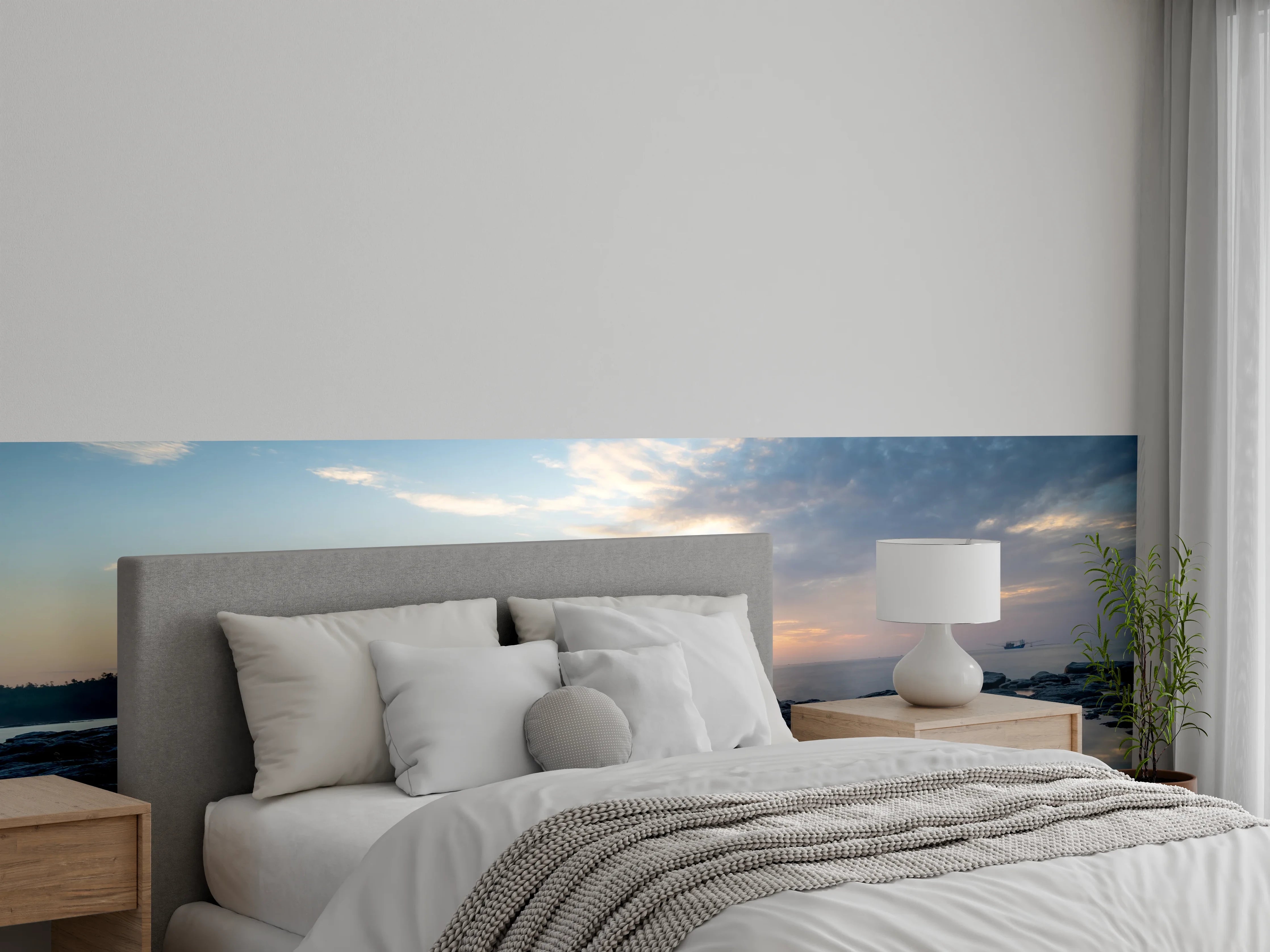 Wandverkleidung Schlafzimmer - Grauschimmer über weißer See-Stille