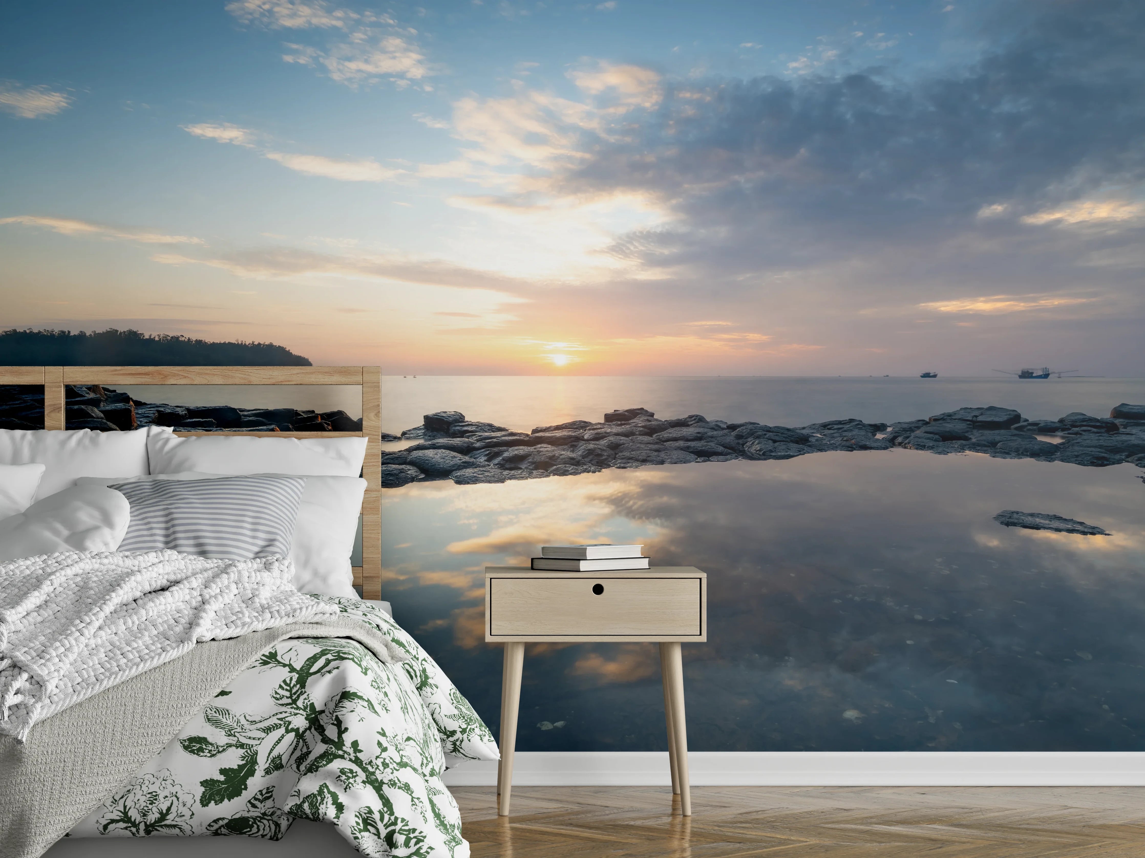 Wandverkleidung Schlafzimmer - Grauschimmer über weißer See-Stille