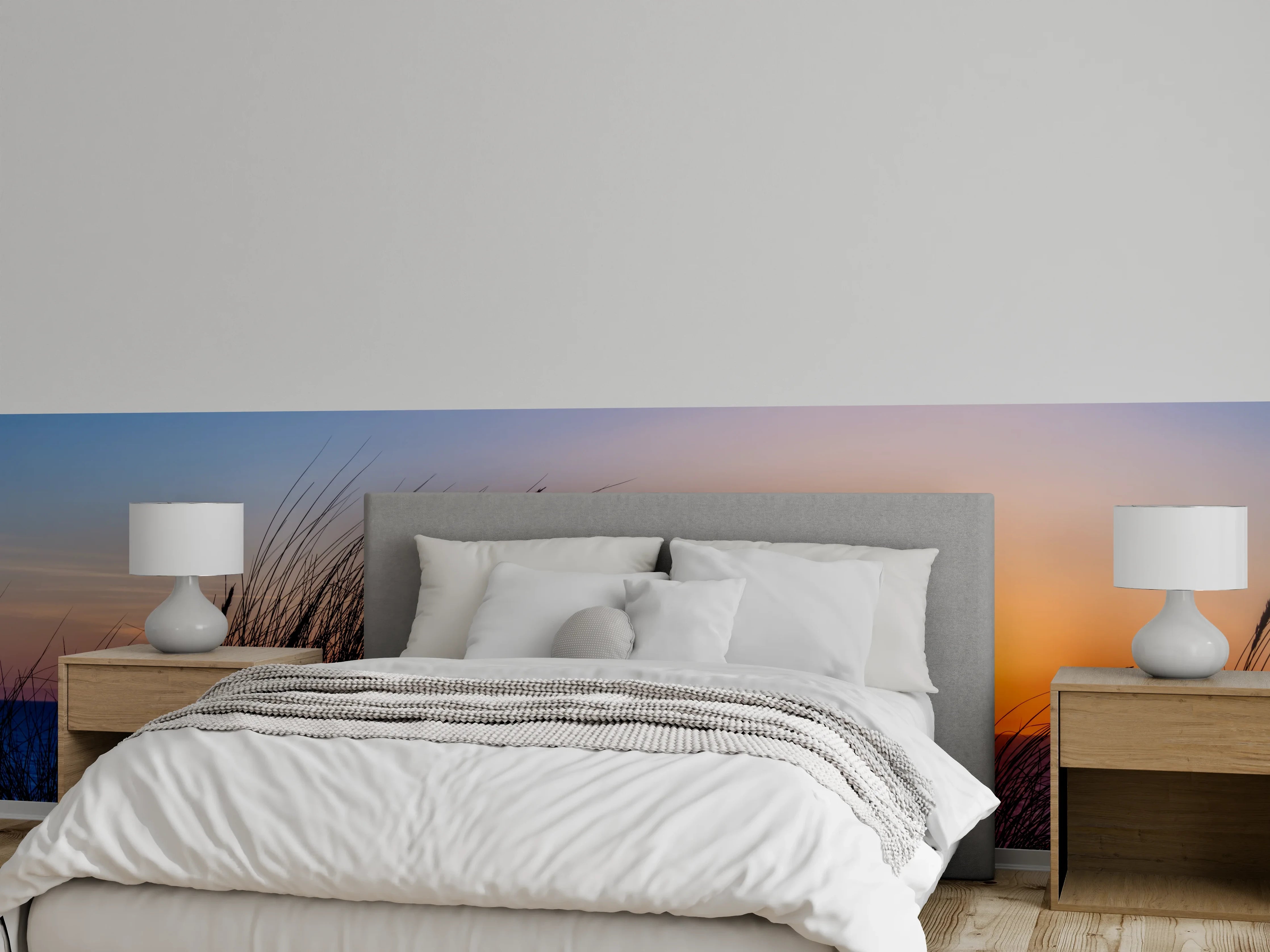 Wandverkleidung Schlafzimmer - Grauschimmernde Abendruhe am Ozean