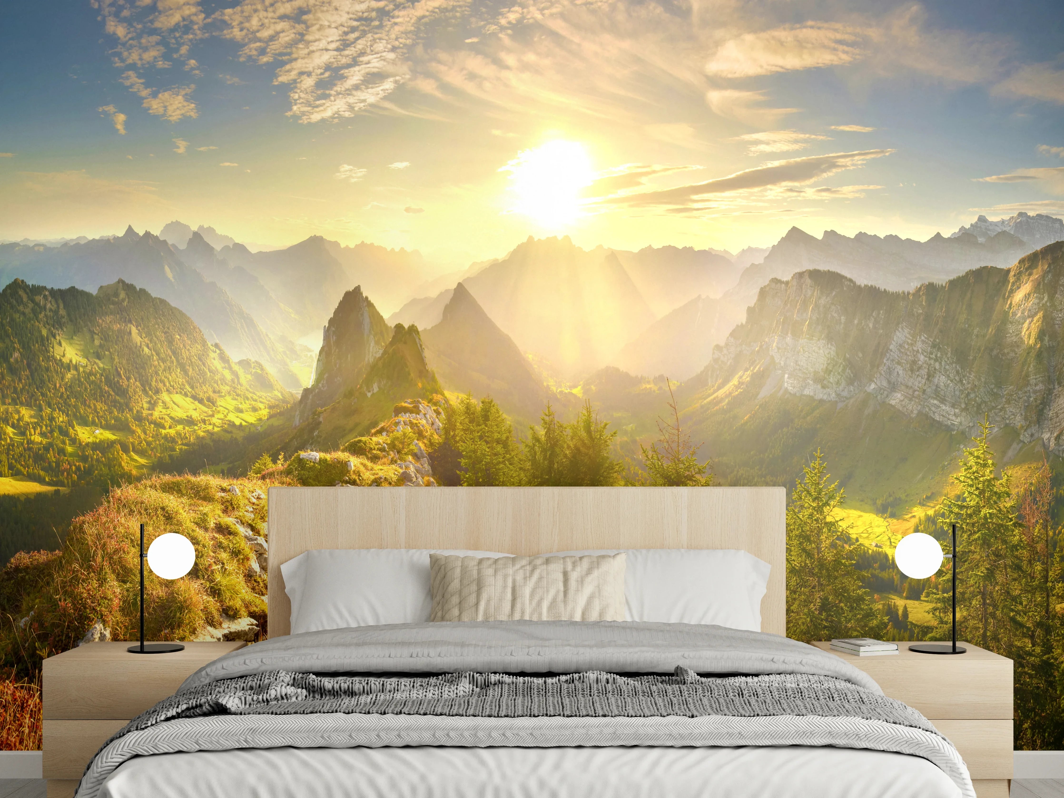 Wandverkleidung Schlafzimmer - Grauschimmernde Alpenmorgen im Licht