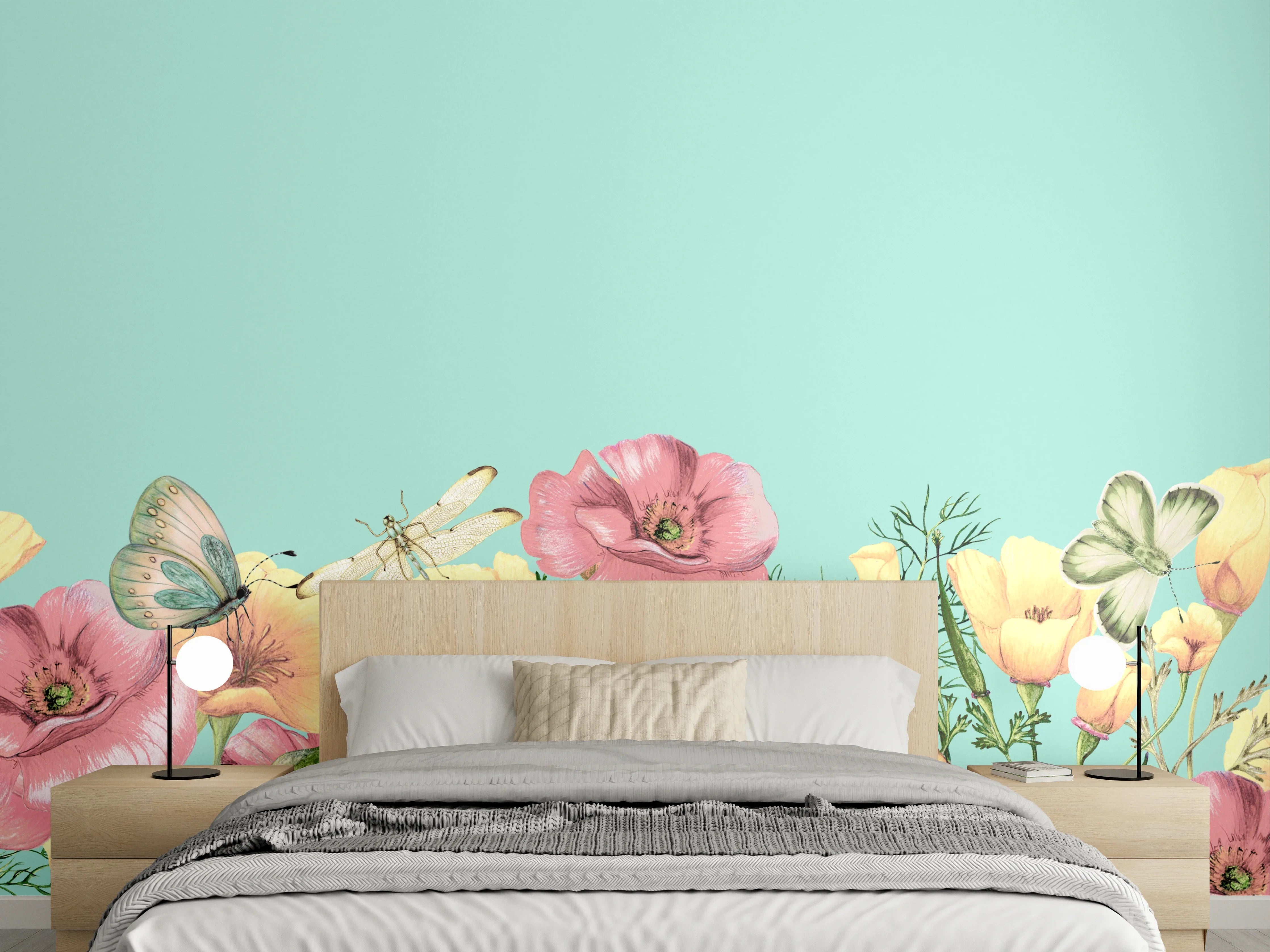 Wandverkleidung Schlafzimmer - Grauschimmernde Blütenpracht mit Faltern