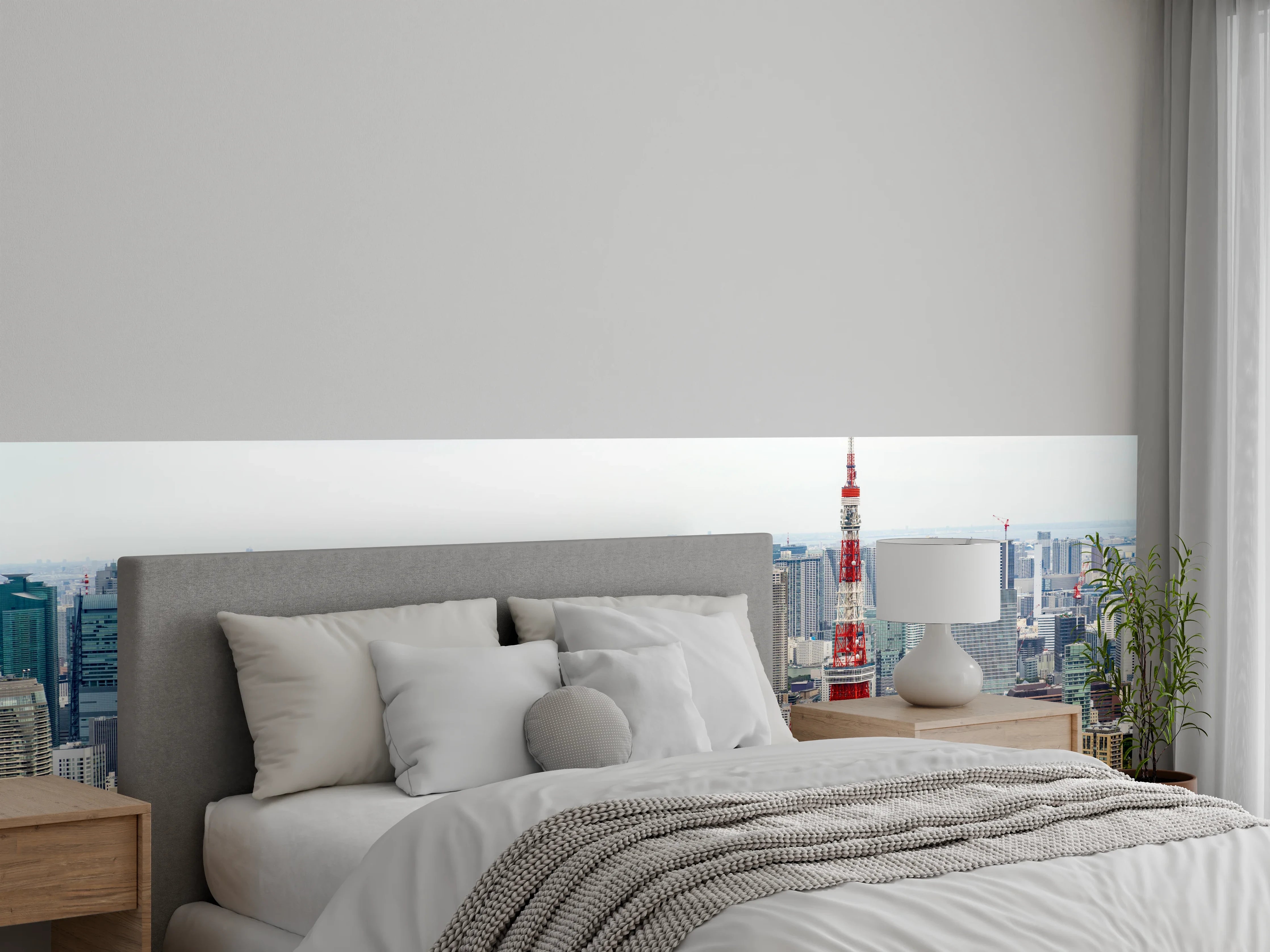 Wandverkleidung Schlafzimmer - Grauschimmernde Silhouette: Weißes Tokio-Panorama