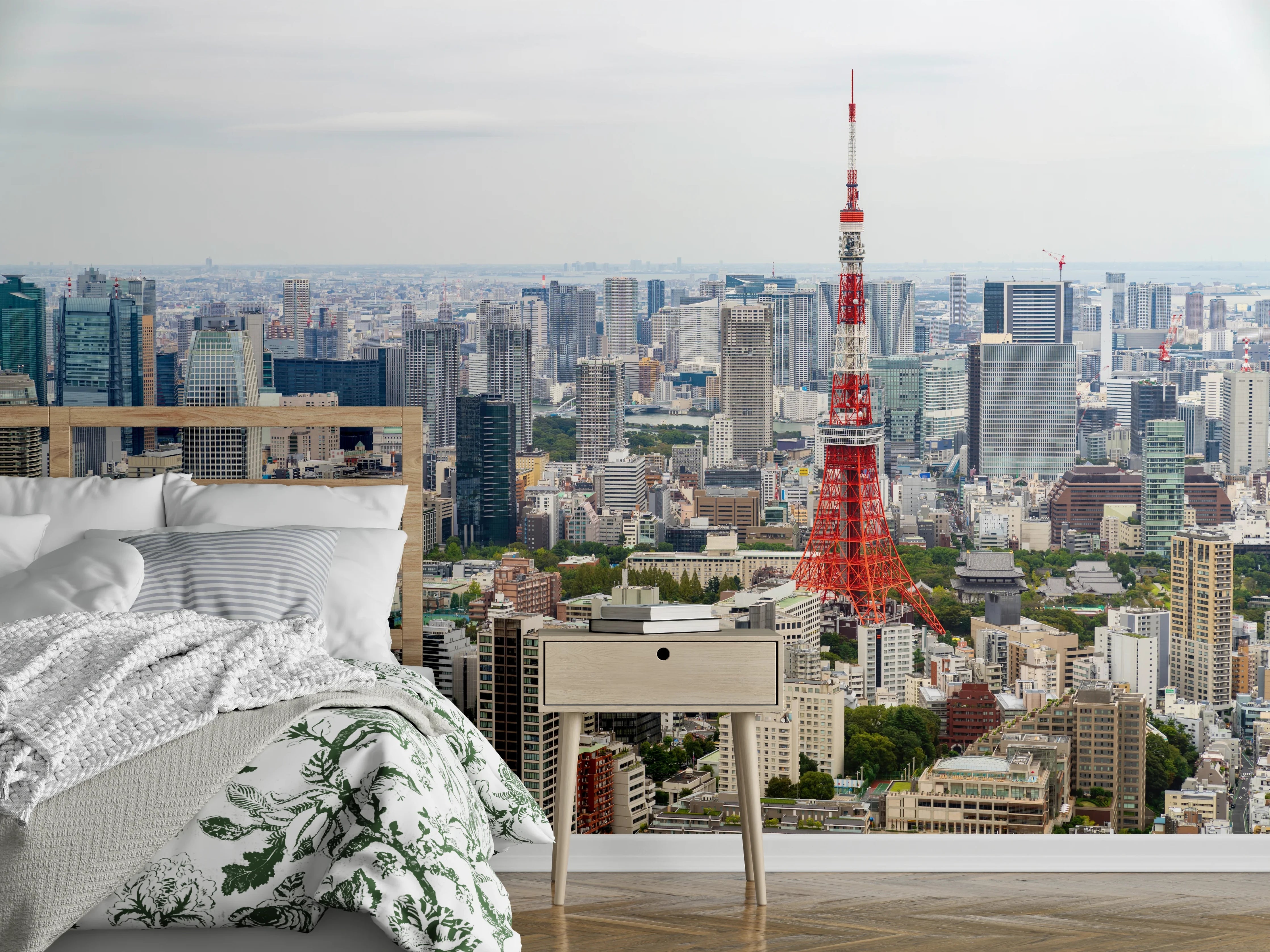 Wandverkleidung Schlafzimmer - Grauschimmernde Silhouette: Weißes Tokio-Panorama
