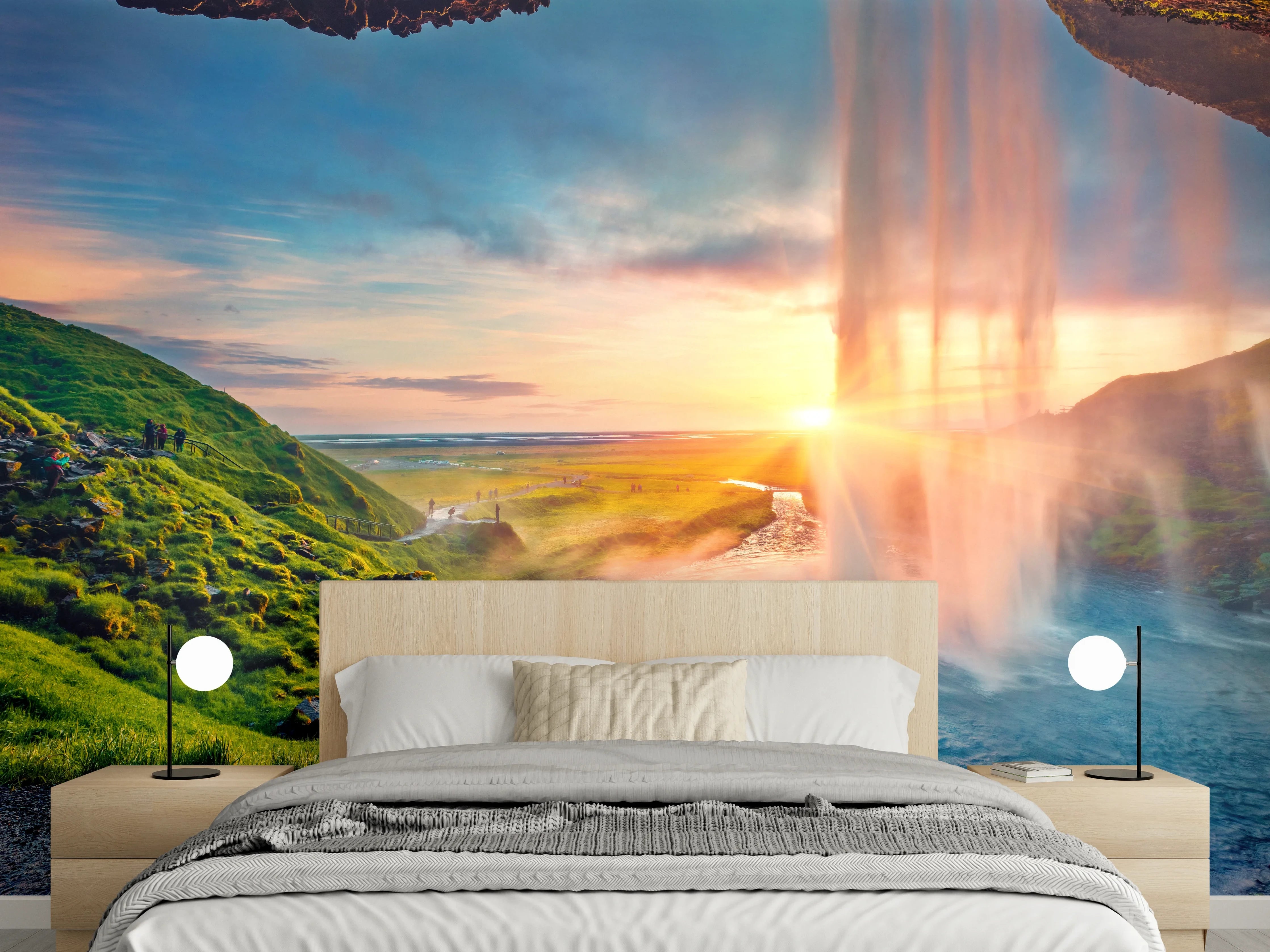 Wandverkleidung Schlafzimmer - Grauschimmernde Wasserfälle bei Abendlicht