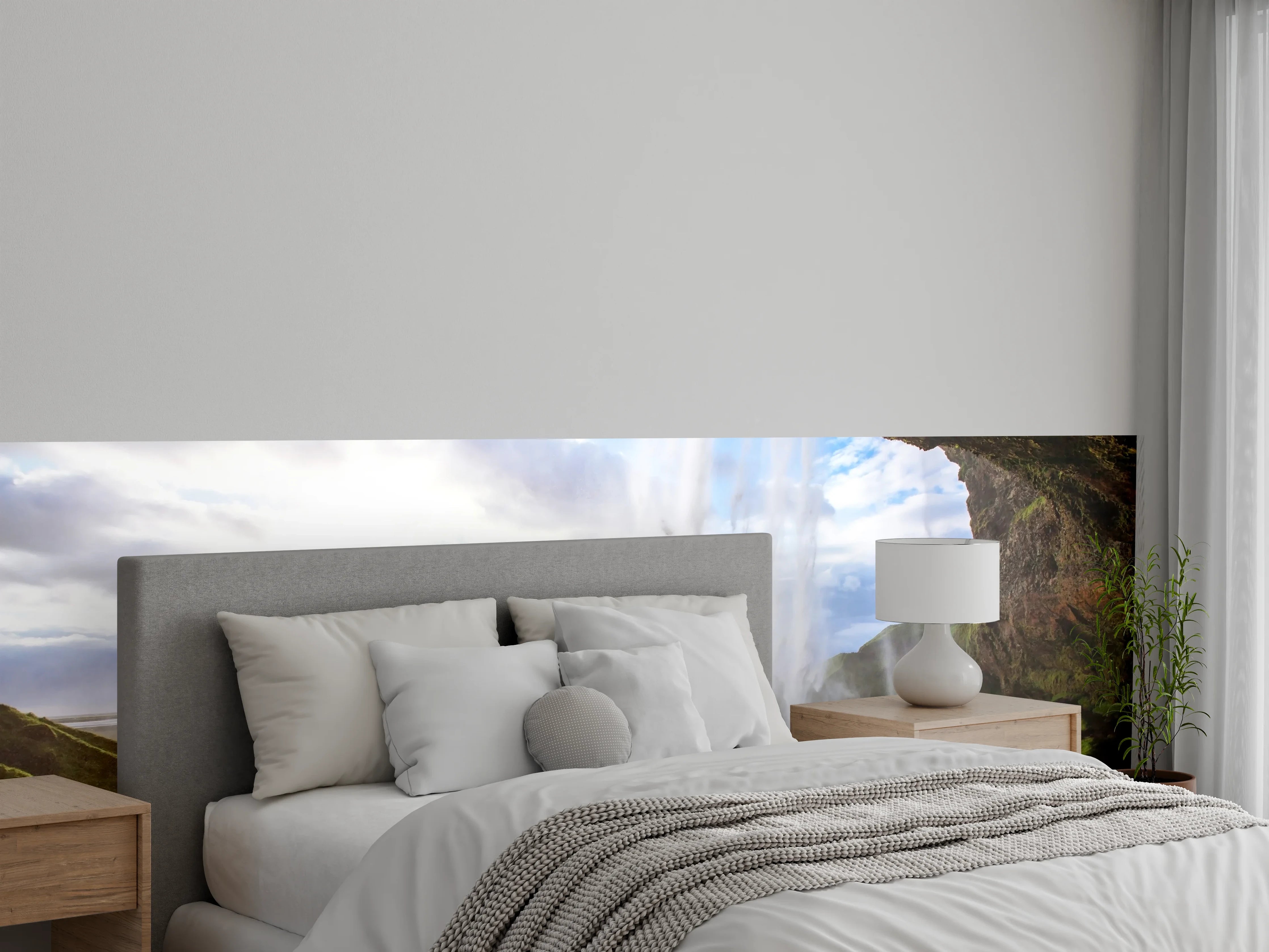 Wandverkleidung Schlafzimmer - Grauschimmernde Wasserfall-Idylle
