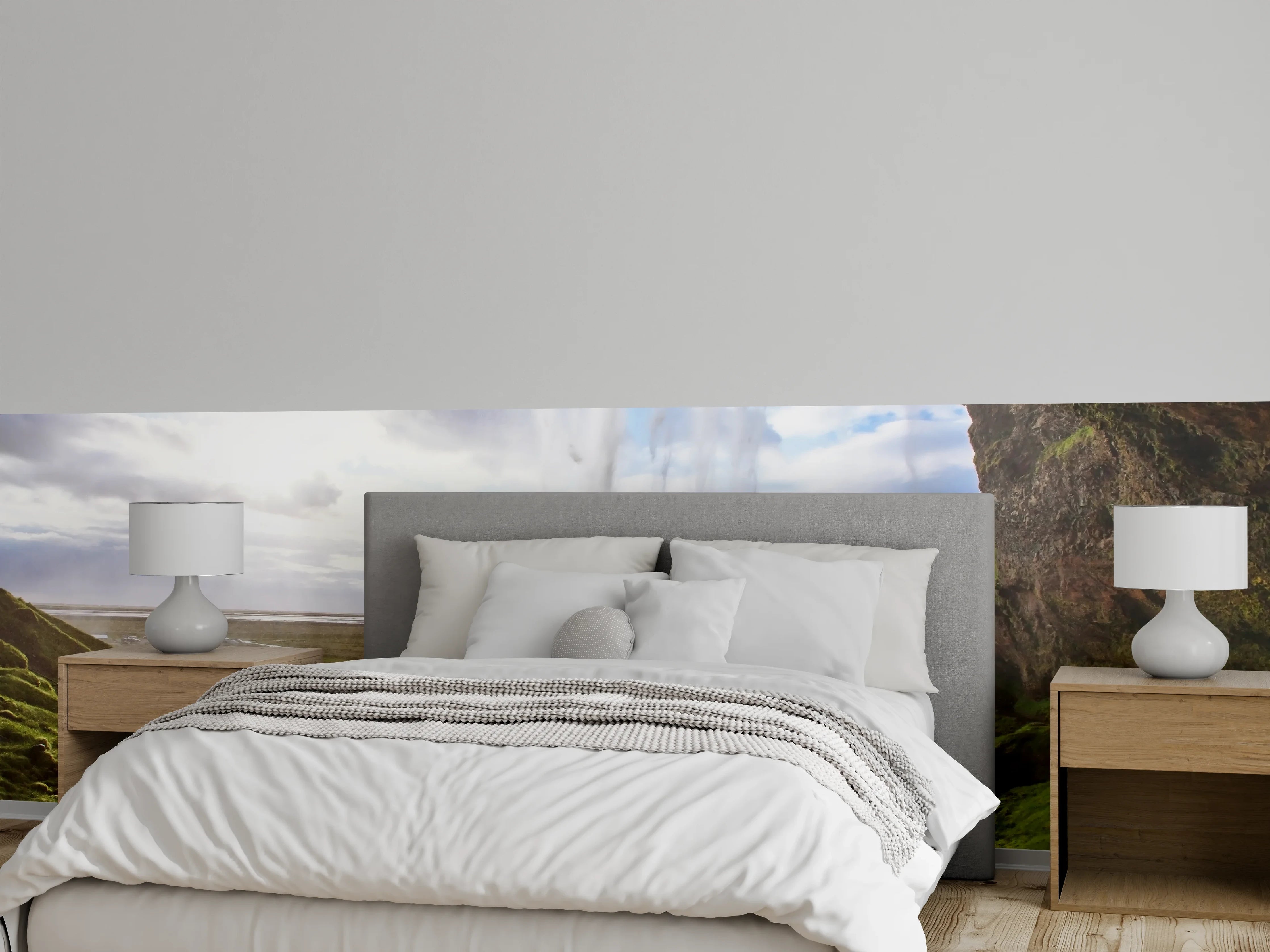 Wandverkleidung Schlafzimmer - Grauschimmernde Wasserfall-Idylle