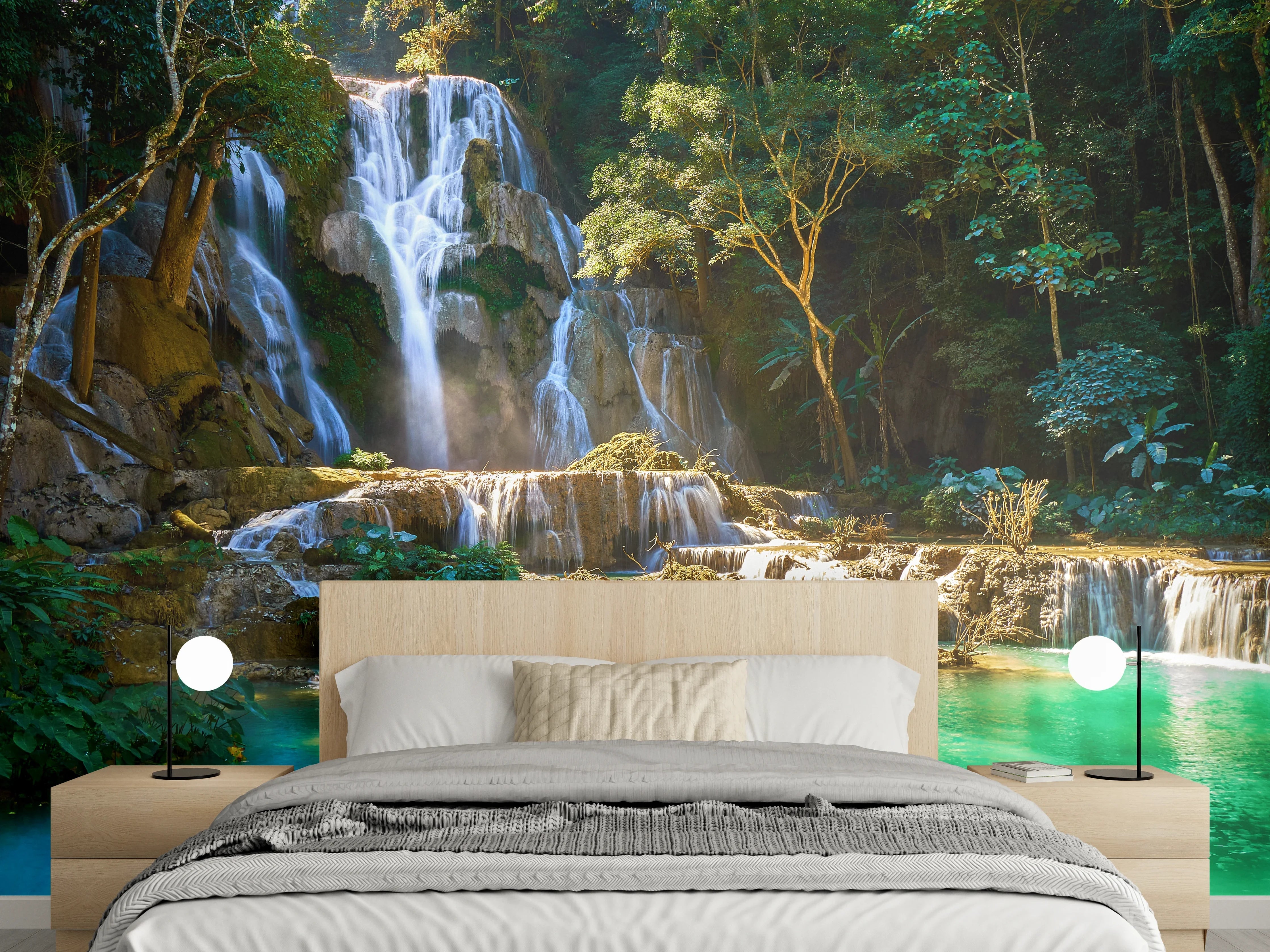 Wandverkleidung Schlafzimmer - Grauschimmernde Wasserträume im Urwald