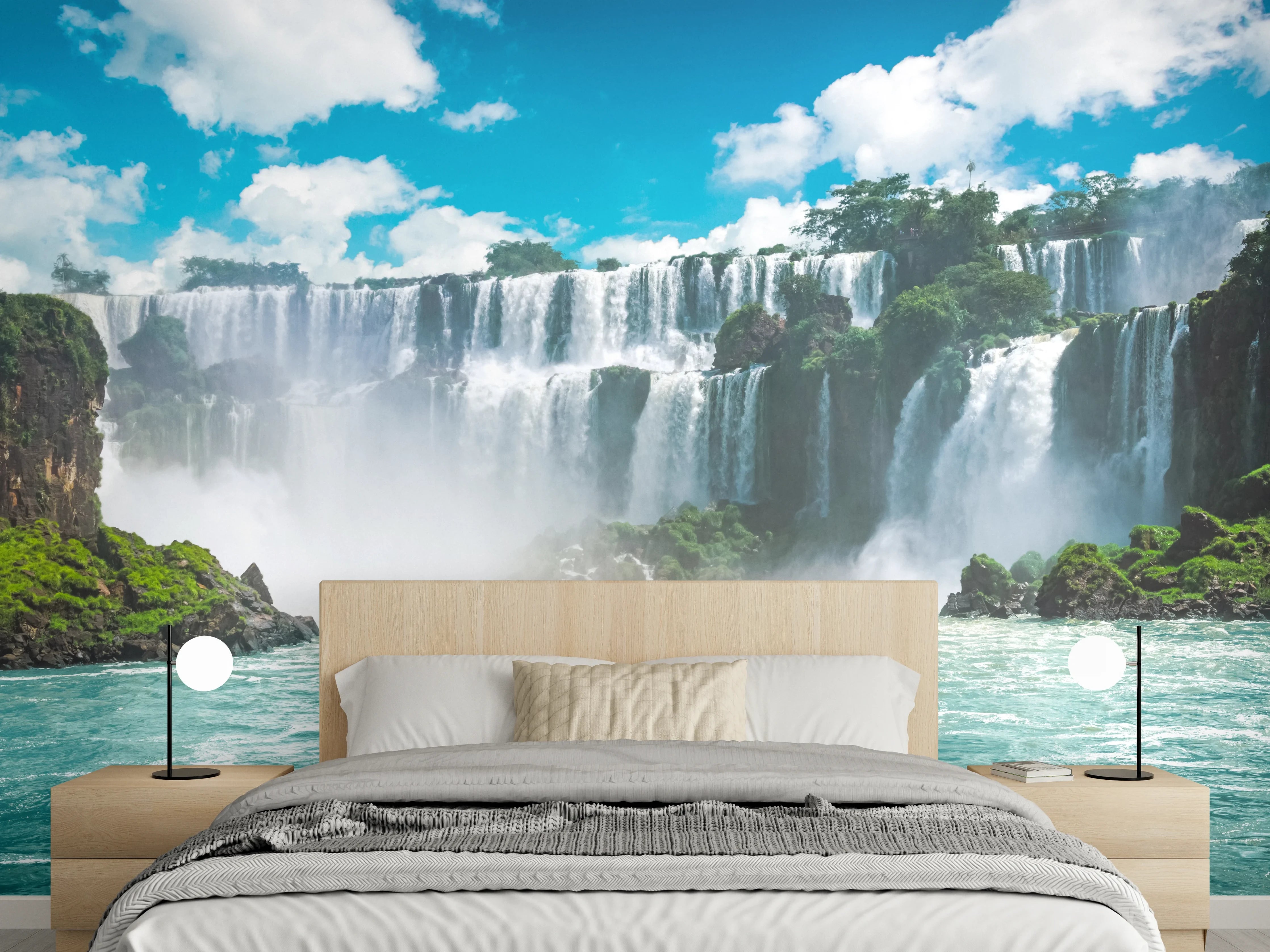 Wandverkleidung Schlafzimmer - Grauschimmernder Wasserfall in Weißtönen