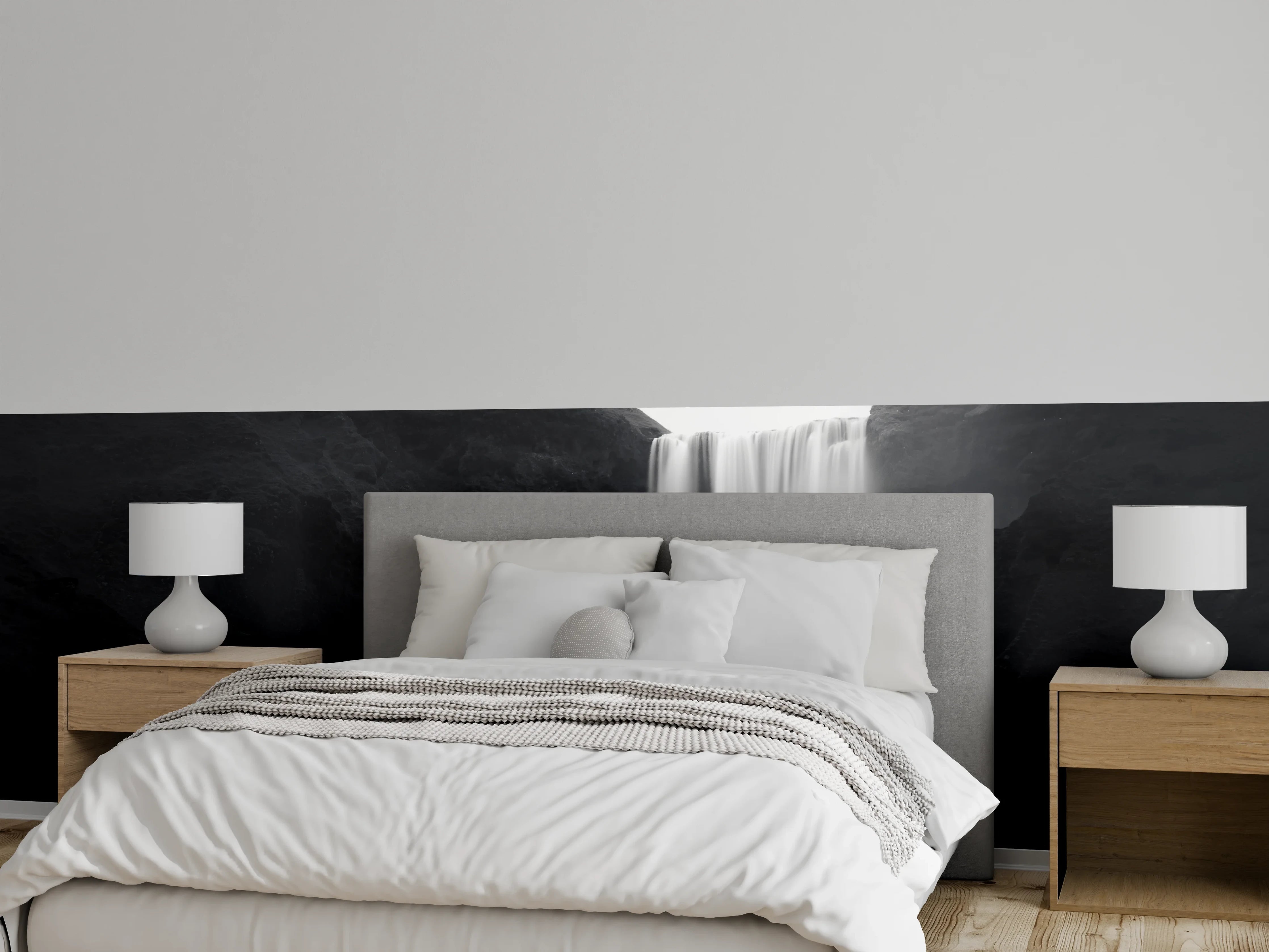 Wandverkleidung Schlafzimmer - Grauschleier über Wasserfallträumen