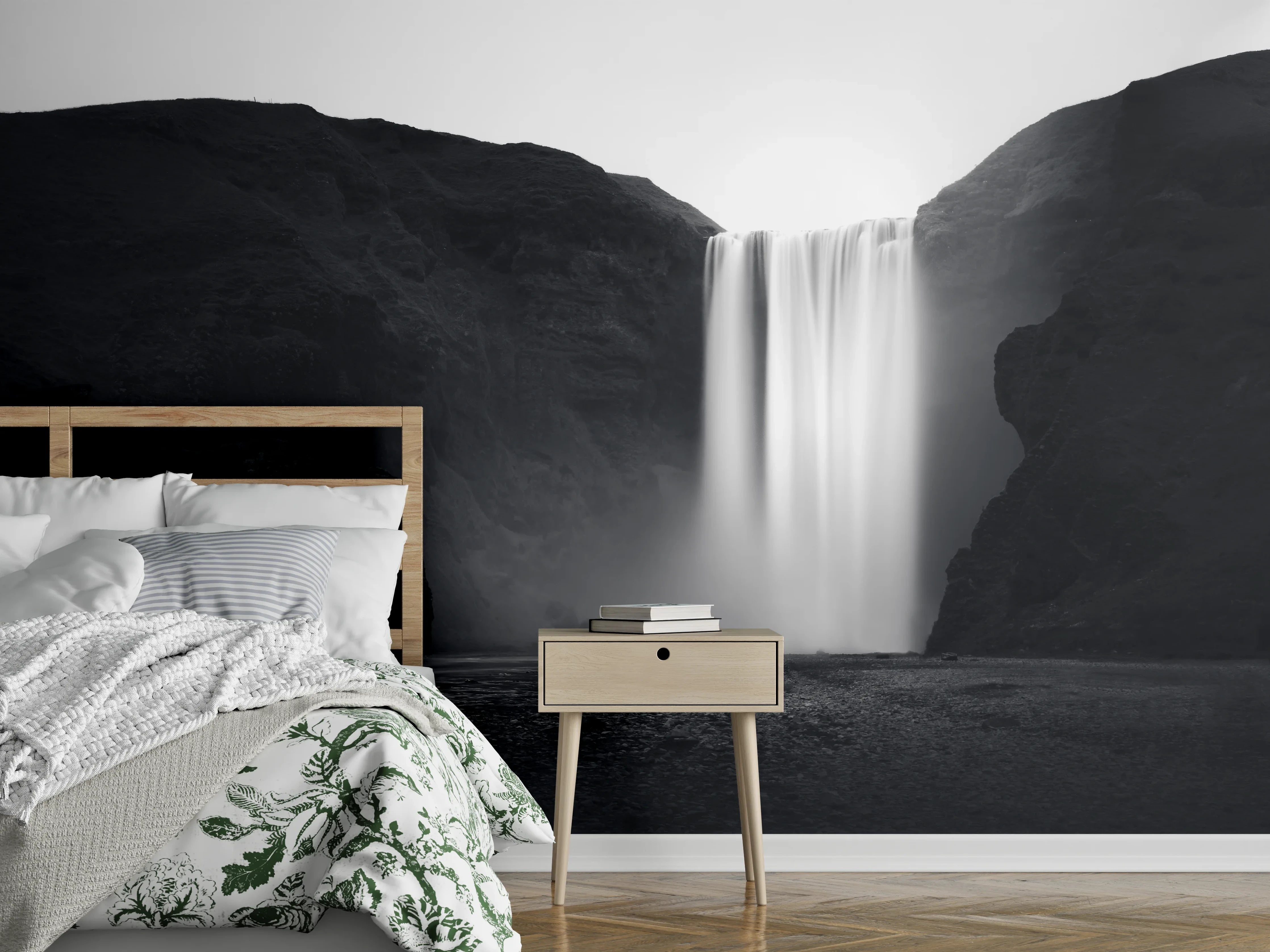 Wandverkleidung Schlafzimmer - Grauschleier über Wasserfallträumen