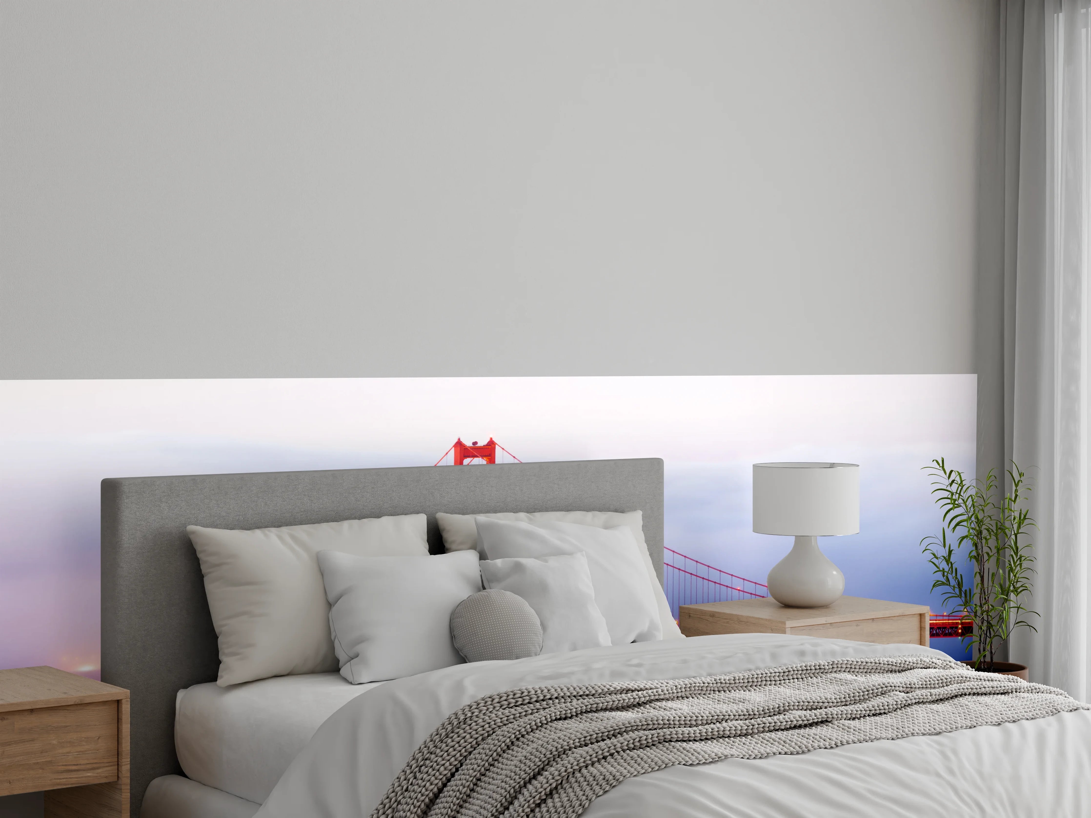 Wandverkleidung Schlafzimmer - Grauschleier über goldener Brücke