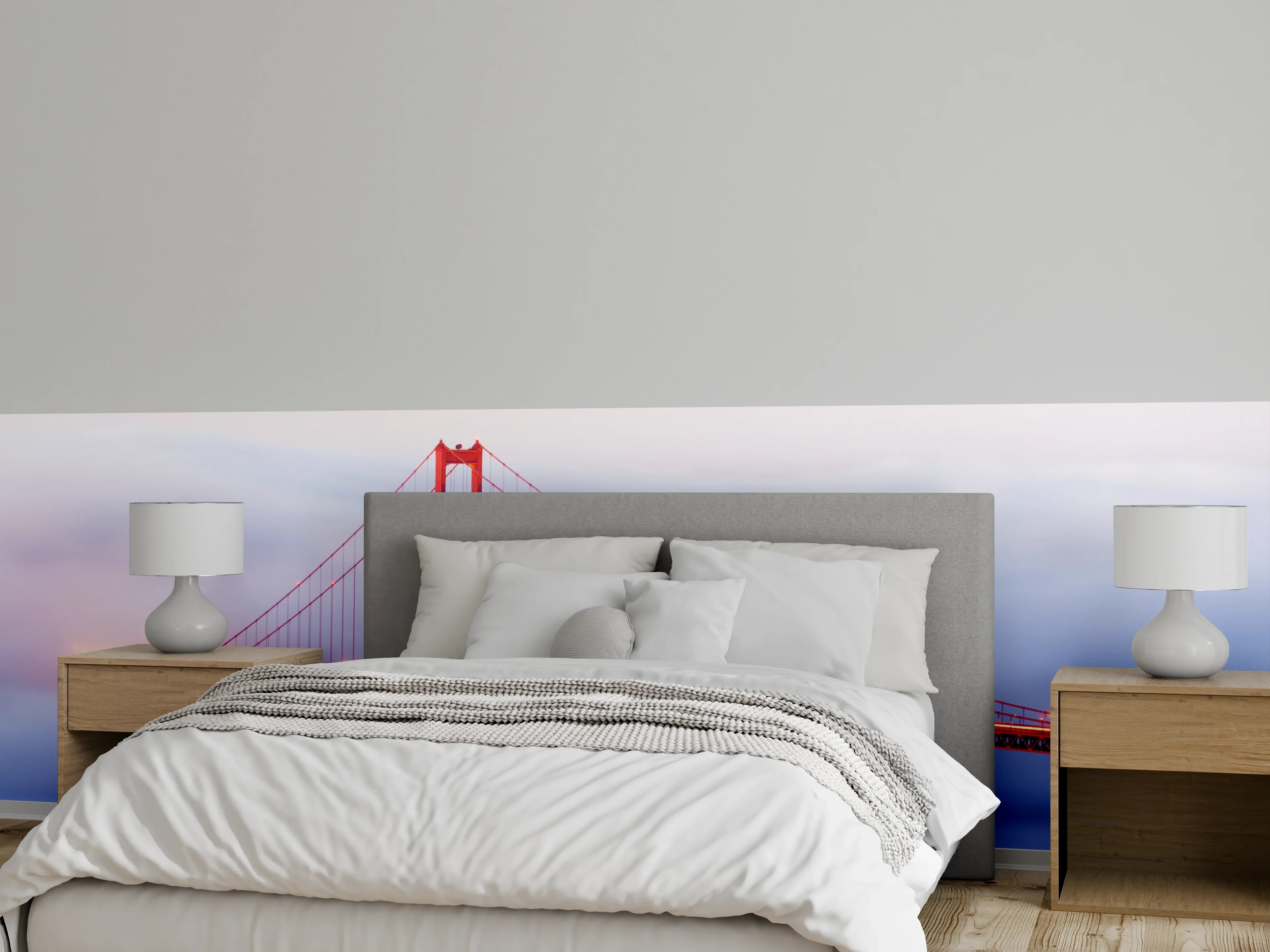 Wandverkleidung Schlafzimmer - Grauschleier über goldener Brücke