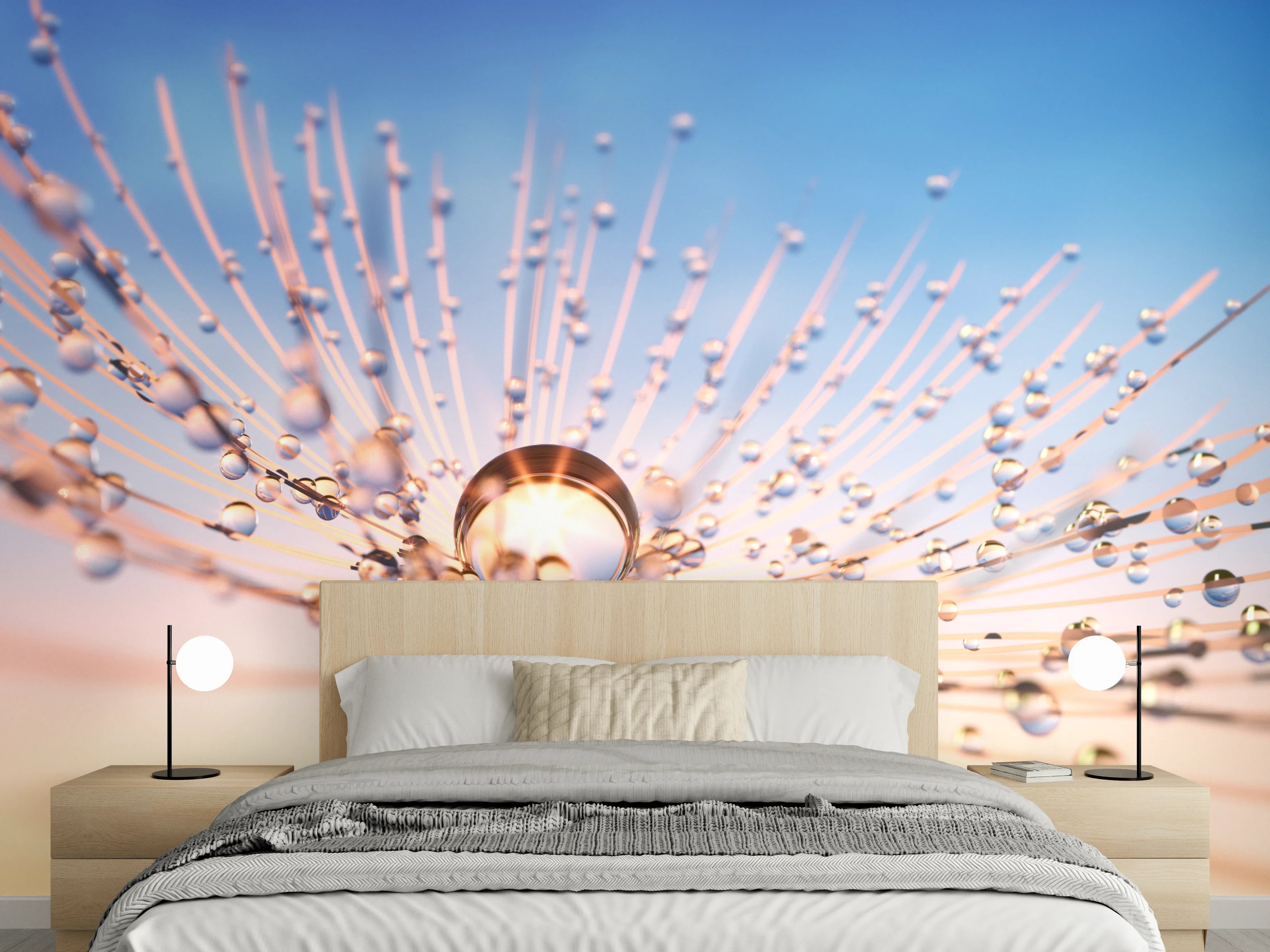 Wandverkleidung Schlafzimmer - Grautöne auf Tautropfen-Pusteblume