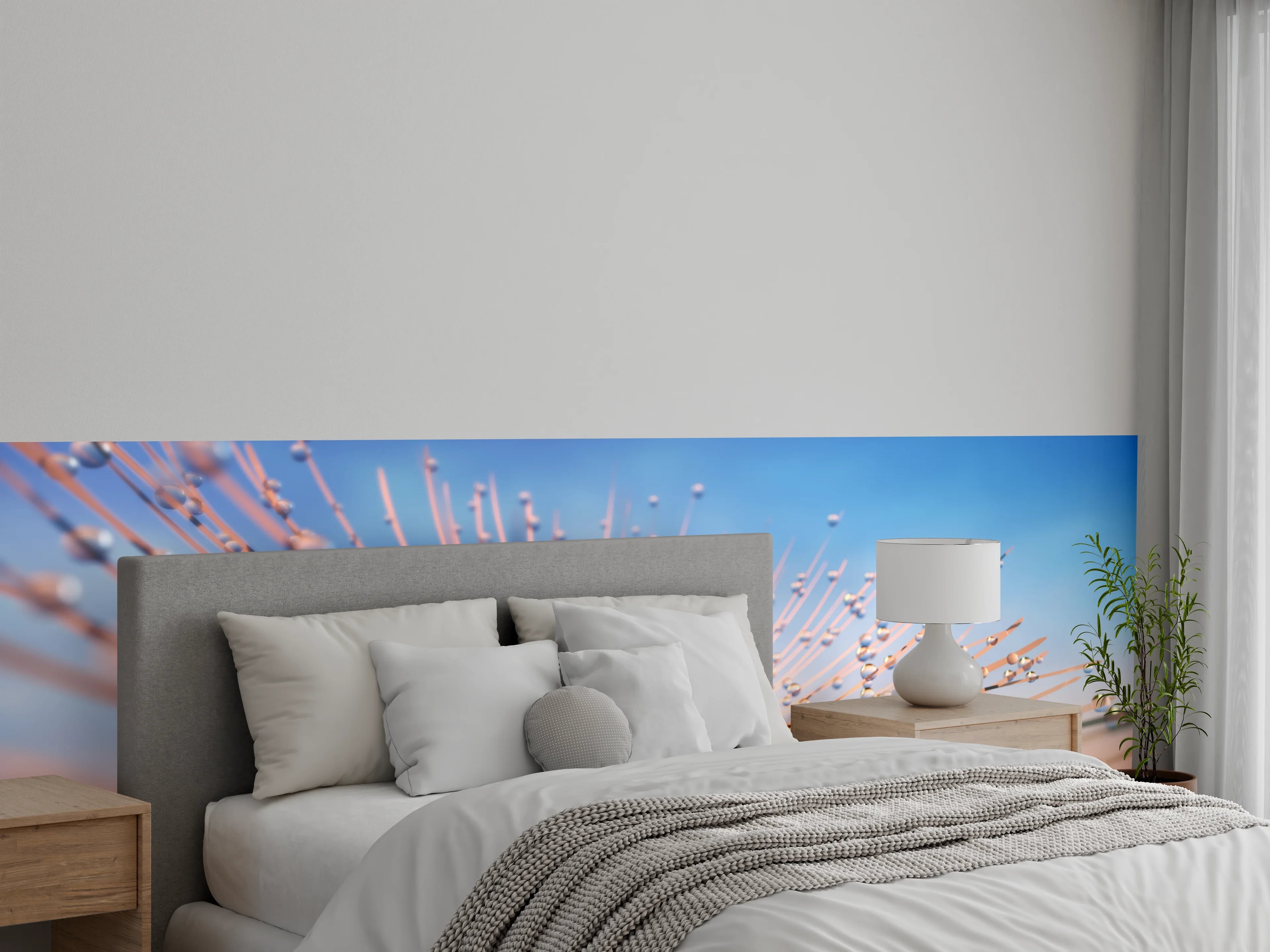 Wandverkleidung Schlafzimmer - Grautöne auf Tautropfen-Pusteblume