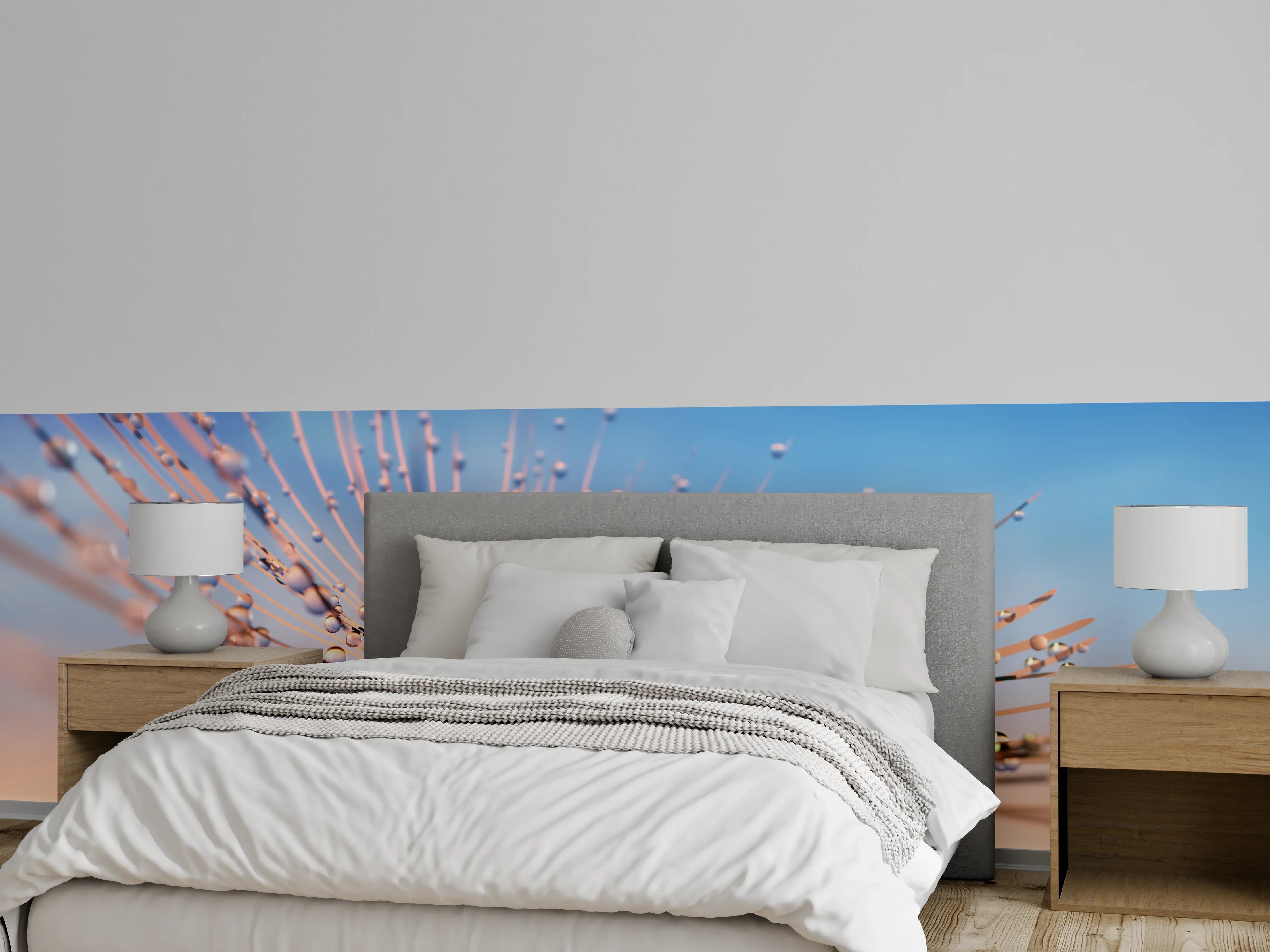 Wandverkleidung Schlafzimmer - Grautöne auf Tautropfen-Pusteblume