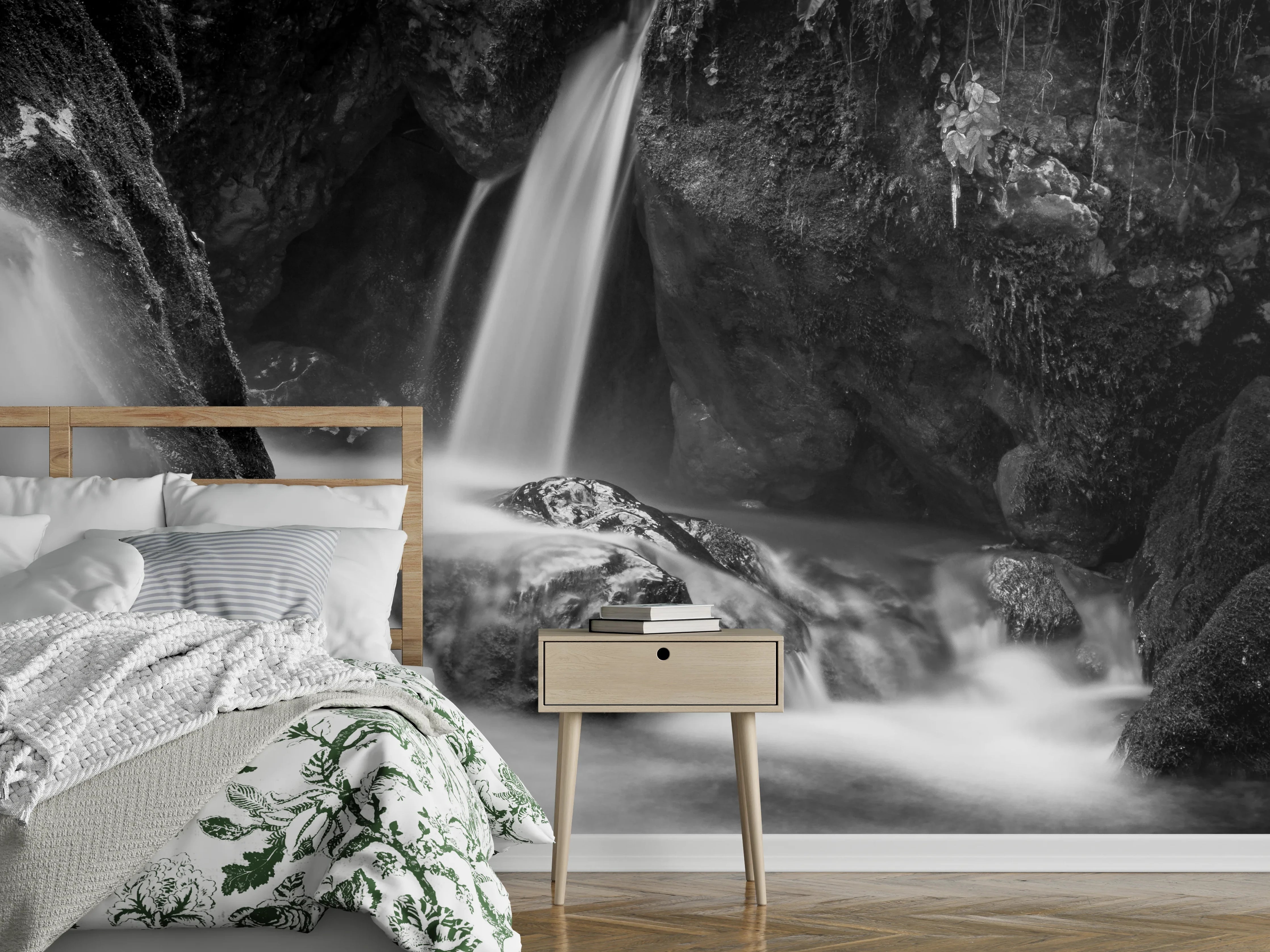 Wandverkleidung Schlafzimmer - Grautöne im weißen Wasserfall