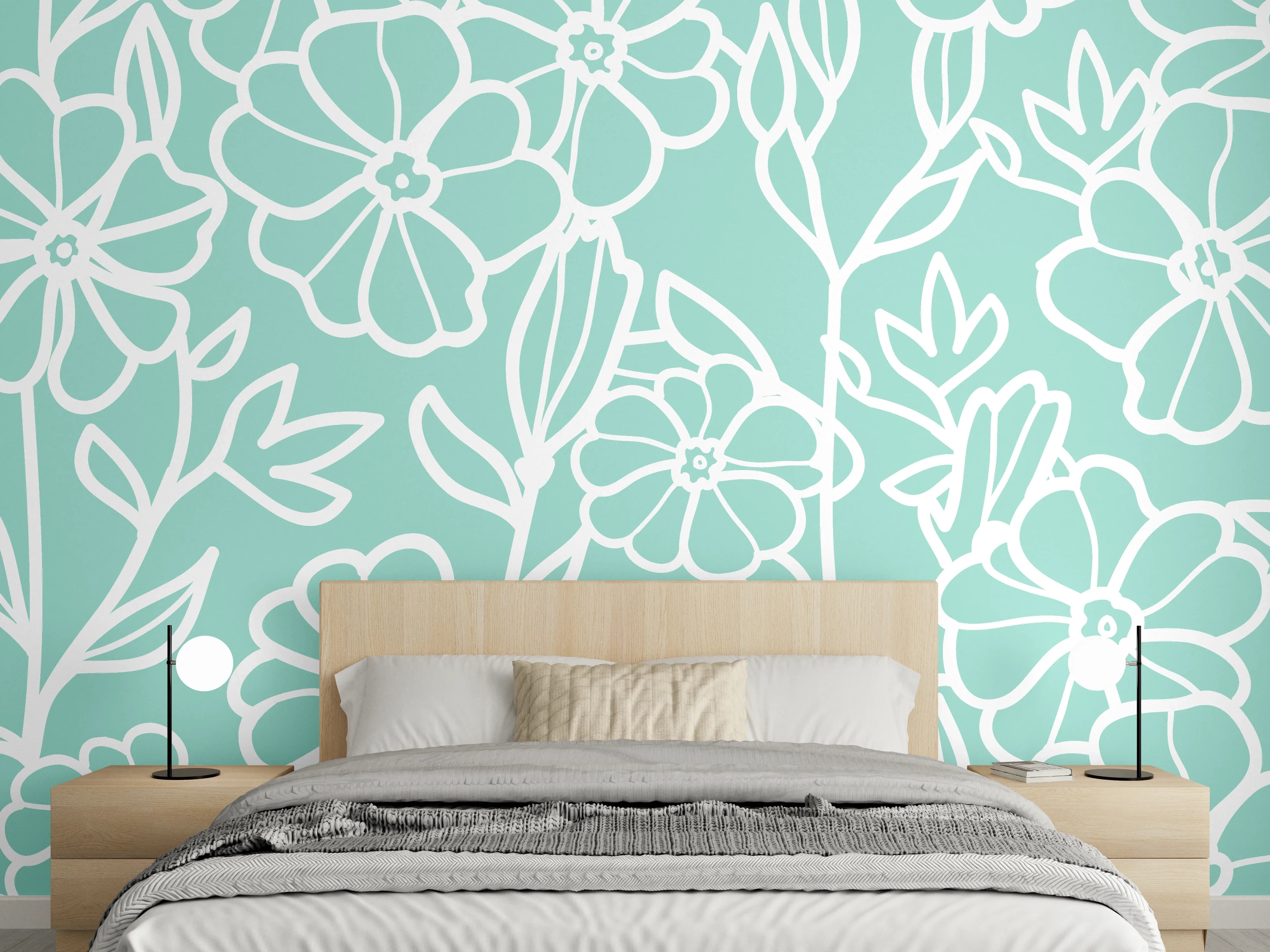 Wandverkleidung Schlafzimmer - Grauweiße Blütenkunst auf Pastellgrün