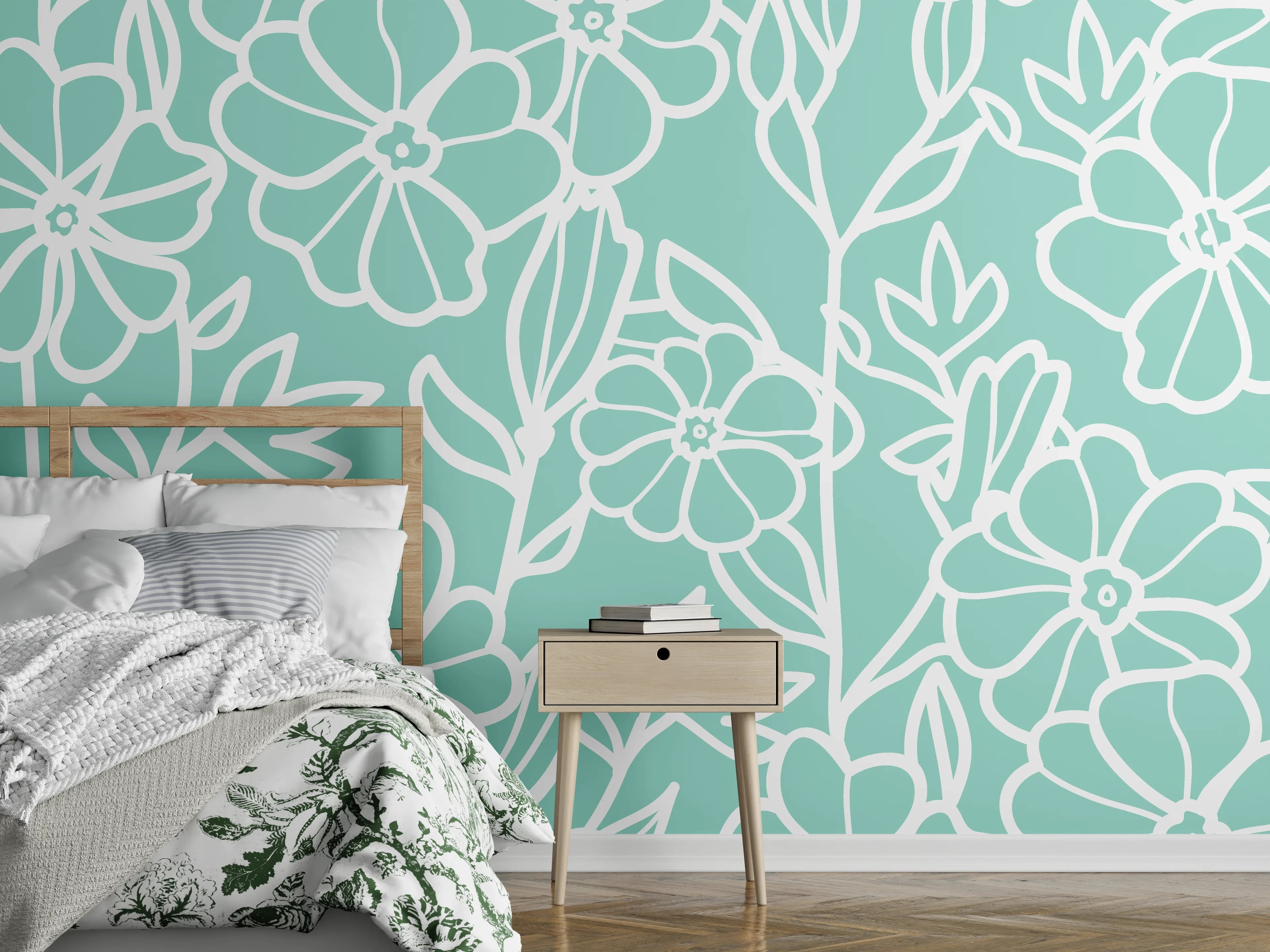 Wandverkleidung Schlafzimmer - Grauweiße Blütenkunst auf Pastellgrün
