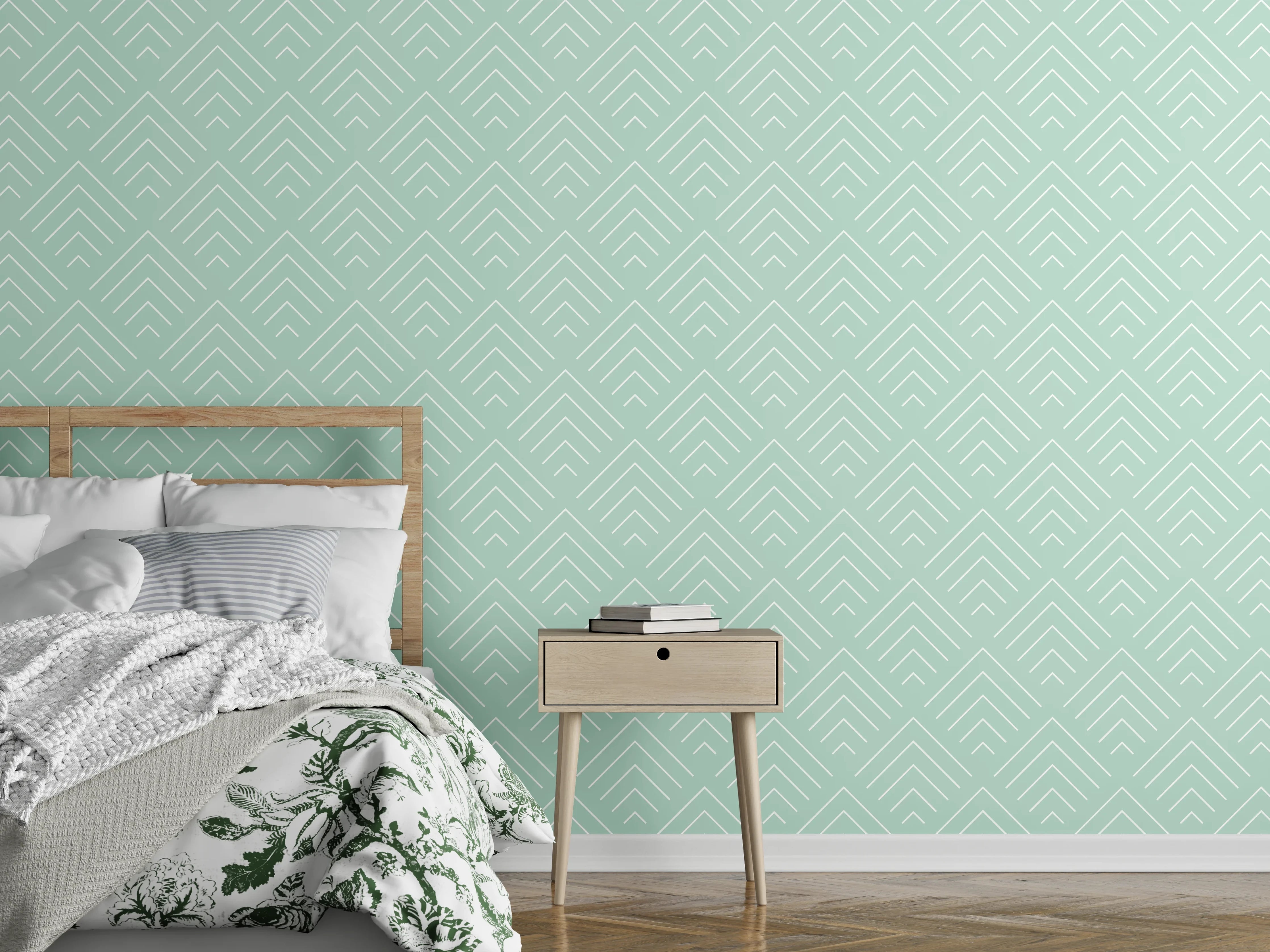 Wandverkleidung Schlafzimmer - Grauweiße Ornamente auf zartem Mint