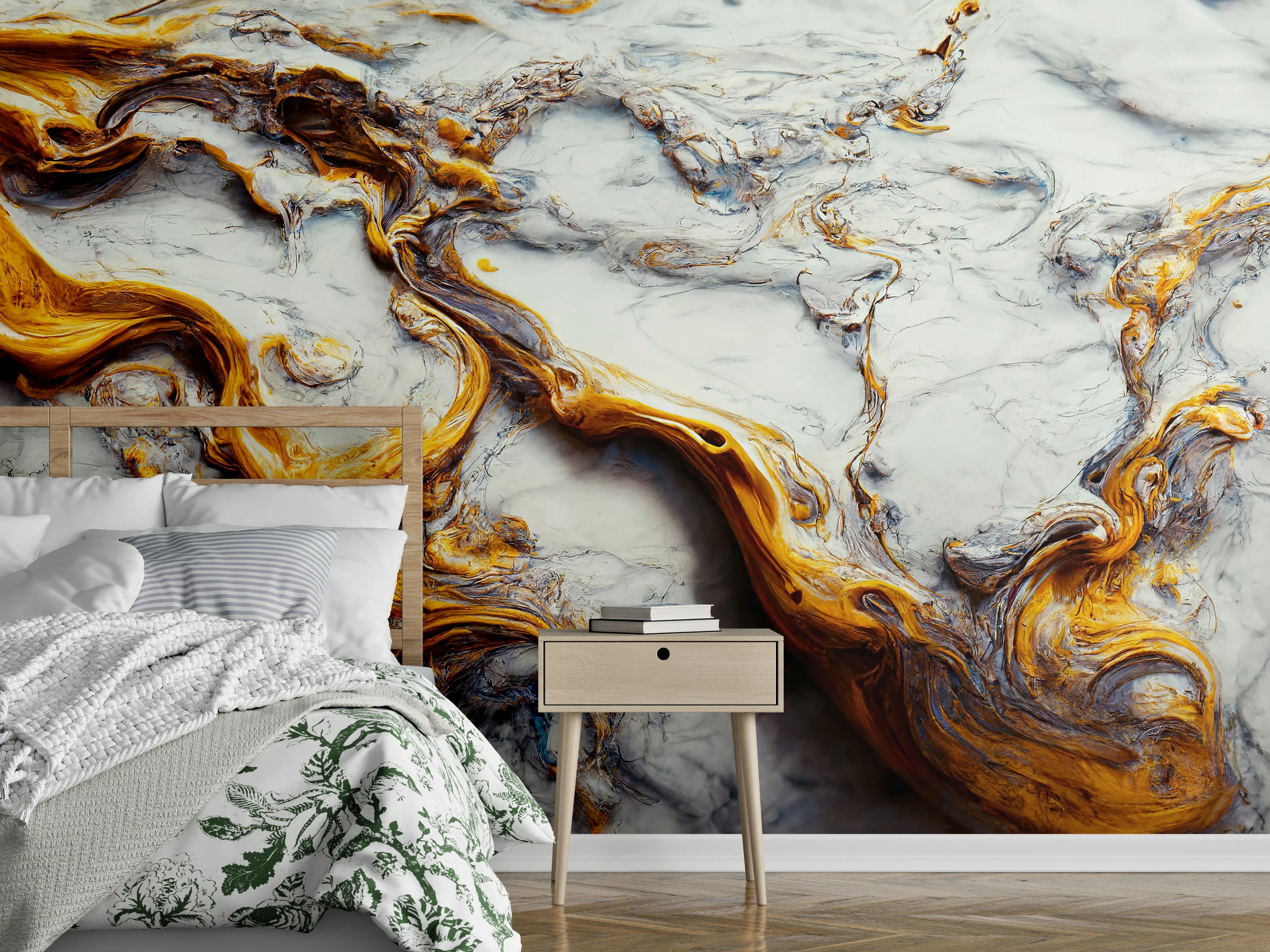 Wandverkleidung Schlafzimmer - Grauweißer Marmorlook mit Goldakzenten