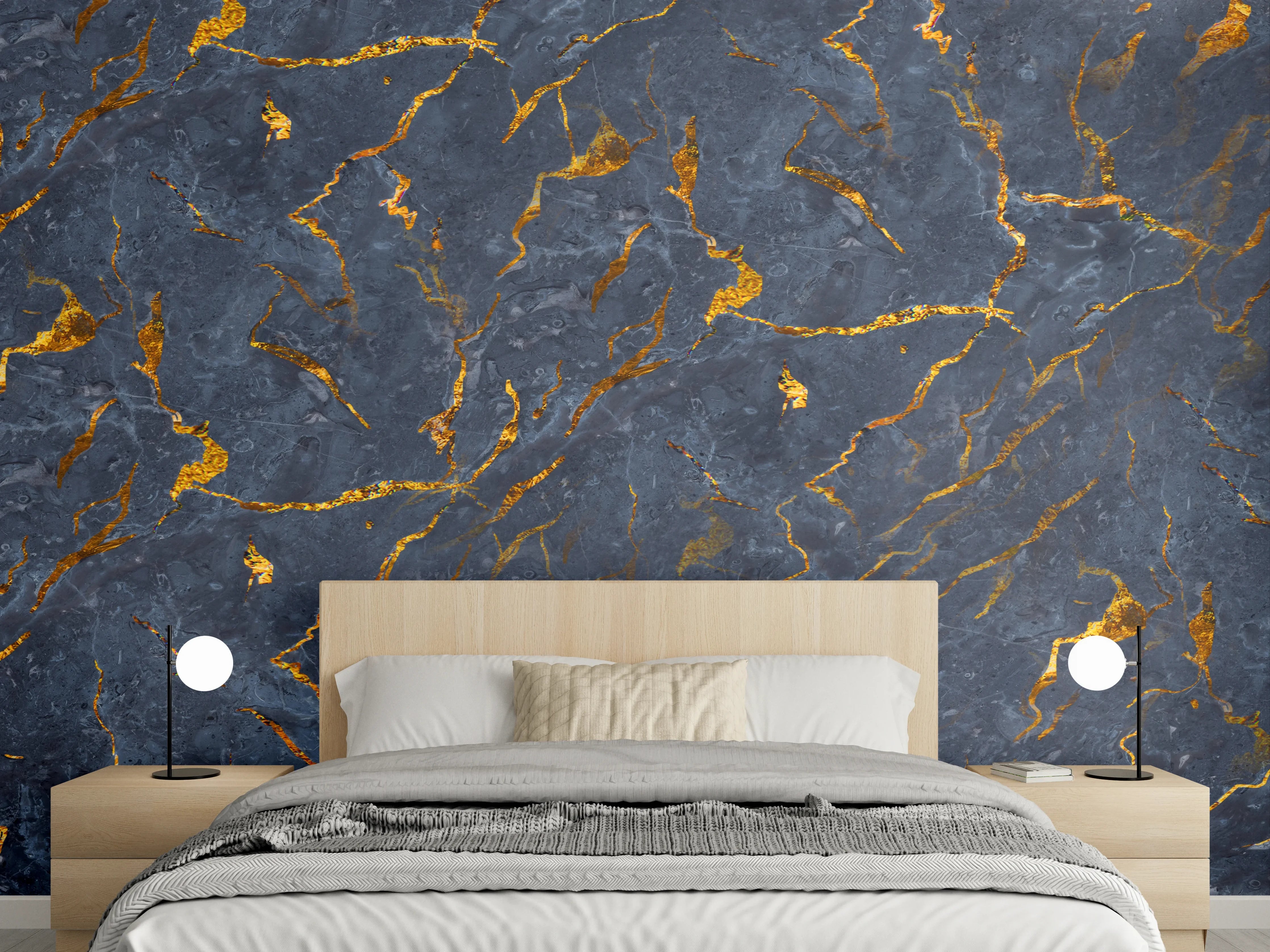 Wandverkleidung Schlafzimmer - Grauweißer Stein mit goldenen Linien