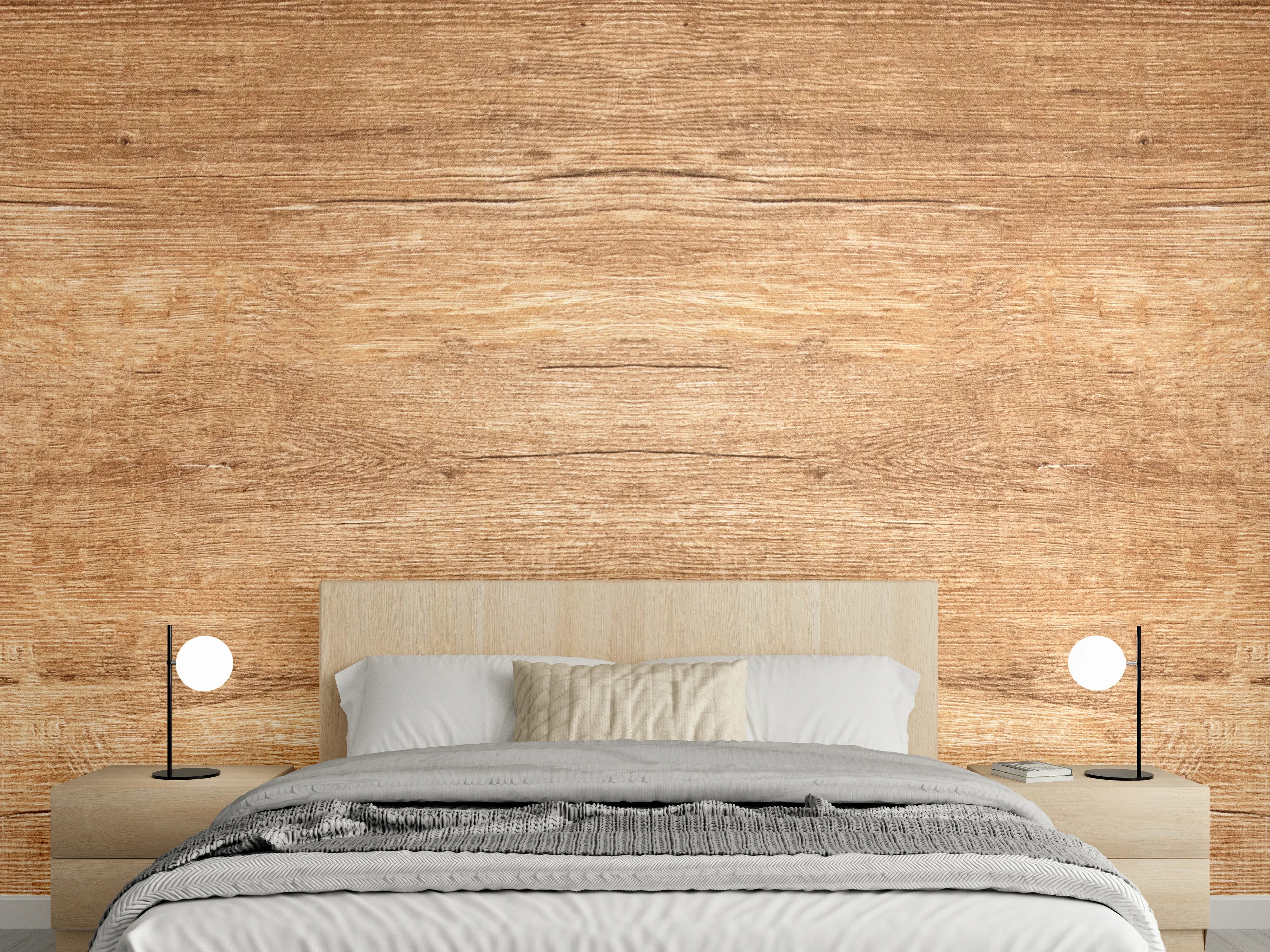 Wandverkleidung Schlafzimmer - Grauweißes Holz in warmem Braun