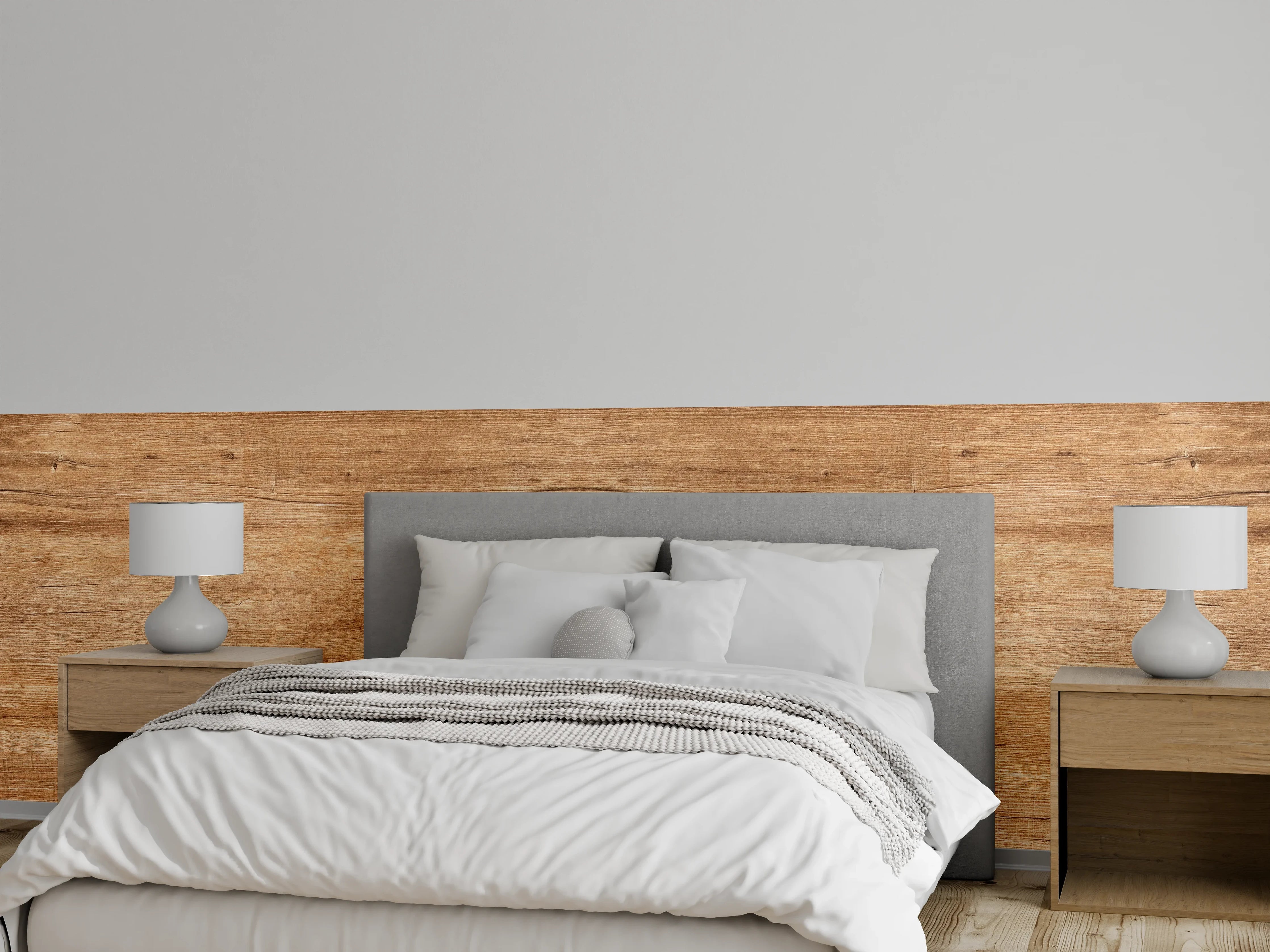 Wandverkleidung Schlafzimmer - Grauweißes Holz in warmem Braun