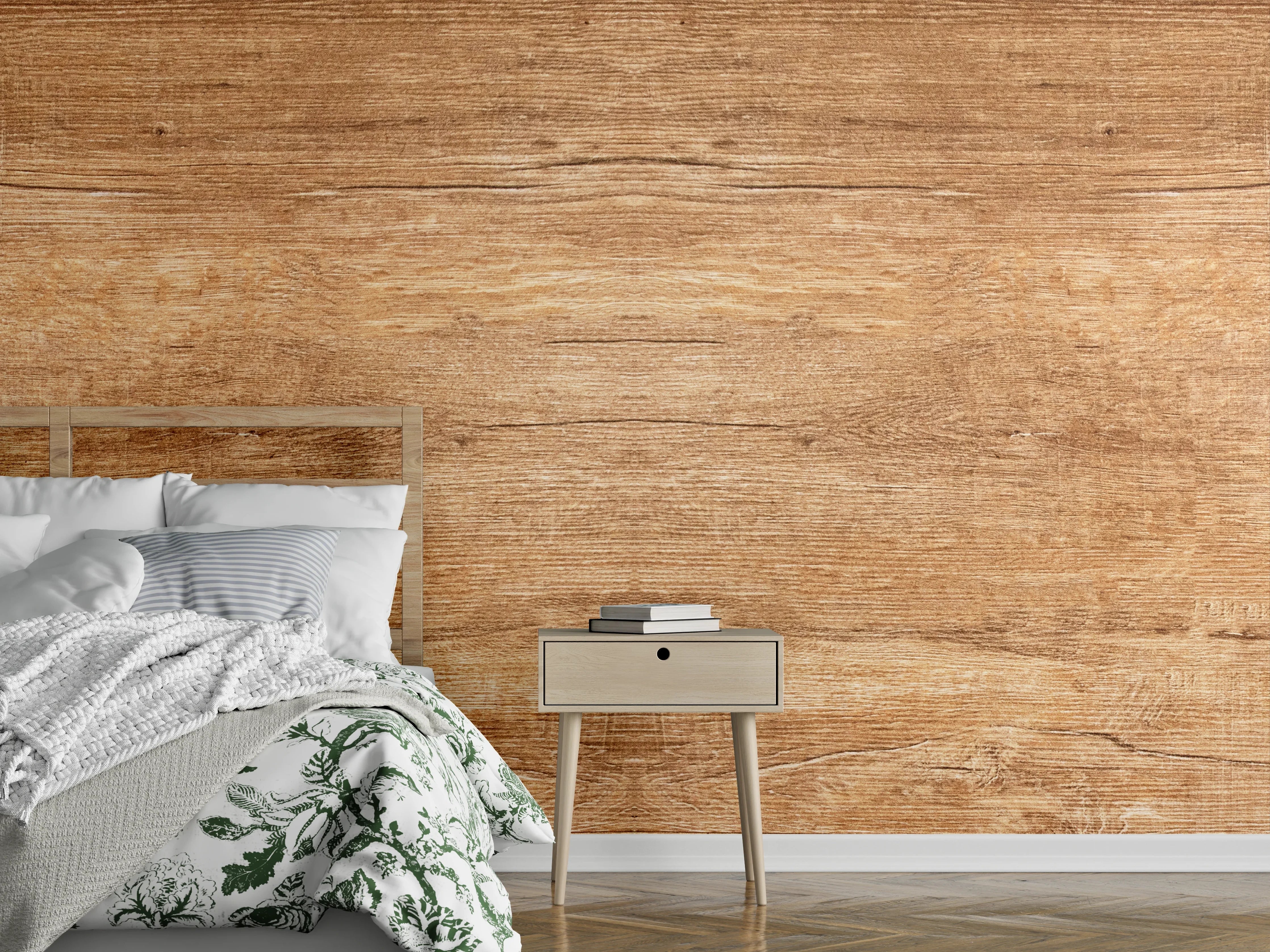 Wandverkleidung Schlafzimmer - Grauweißes Holz in warmem Braun
