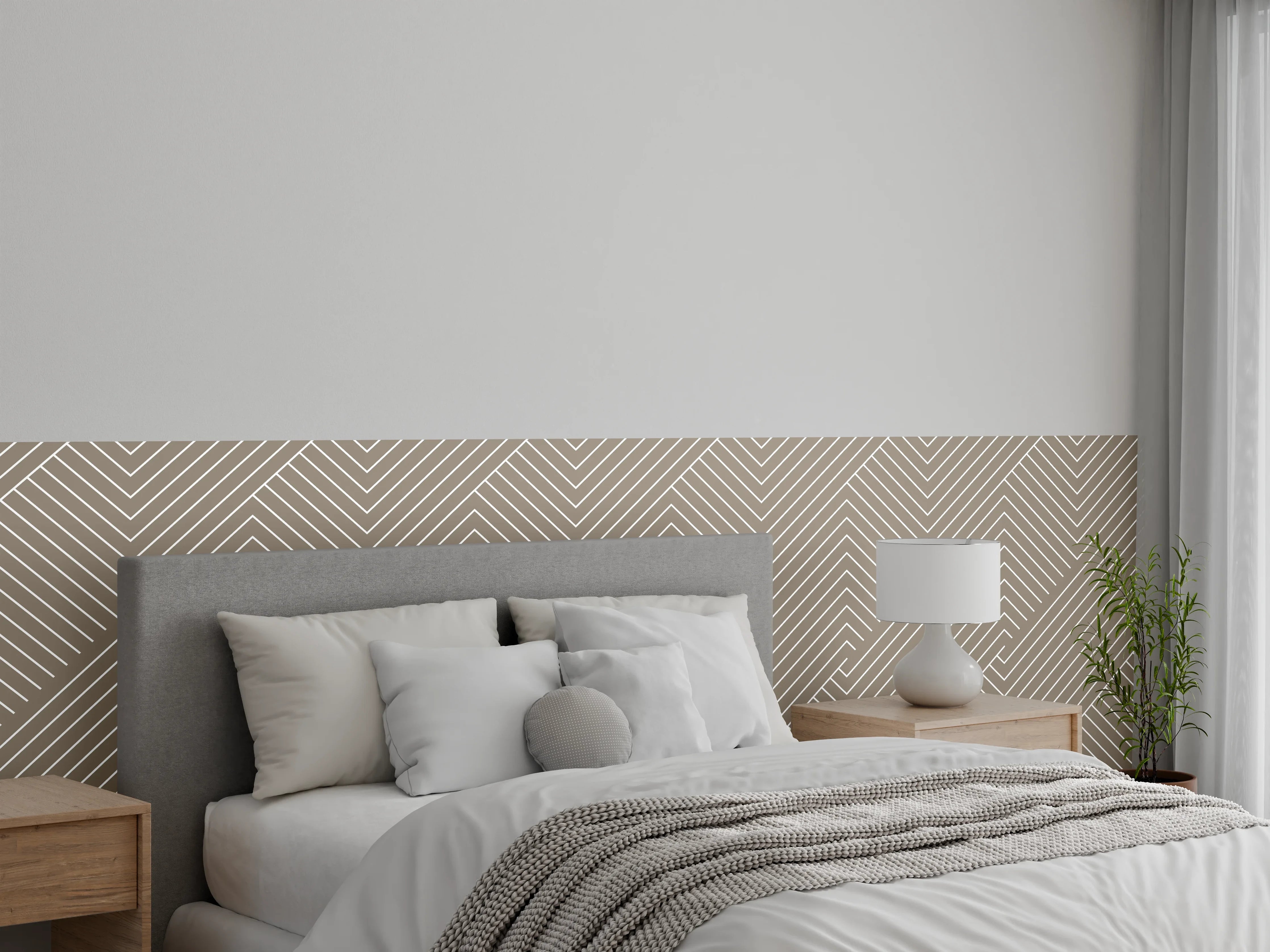 Wandverkleidung Schlafzimmer - Grauweißes Liniengeflecht auf Beigeton