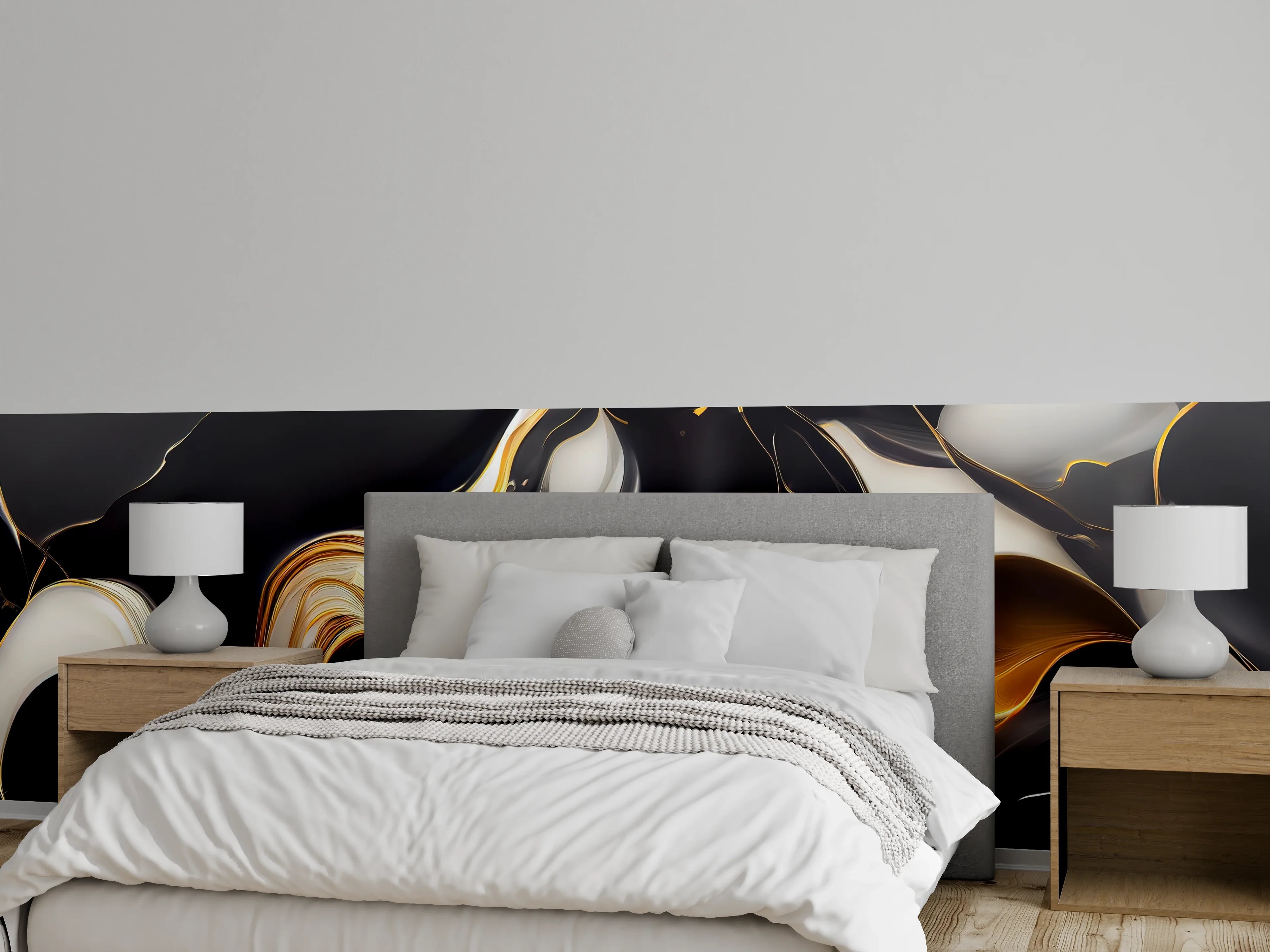 Wandverkleidung Schlafzimmer - Grauweißes Marmorbild mit Goldglanz