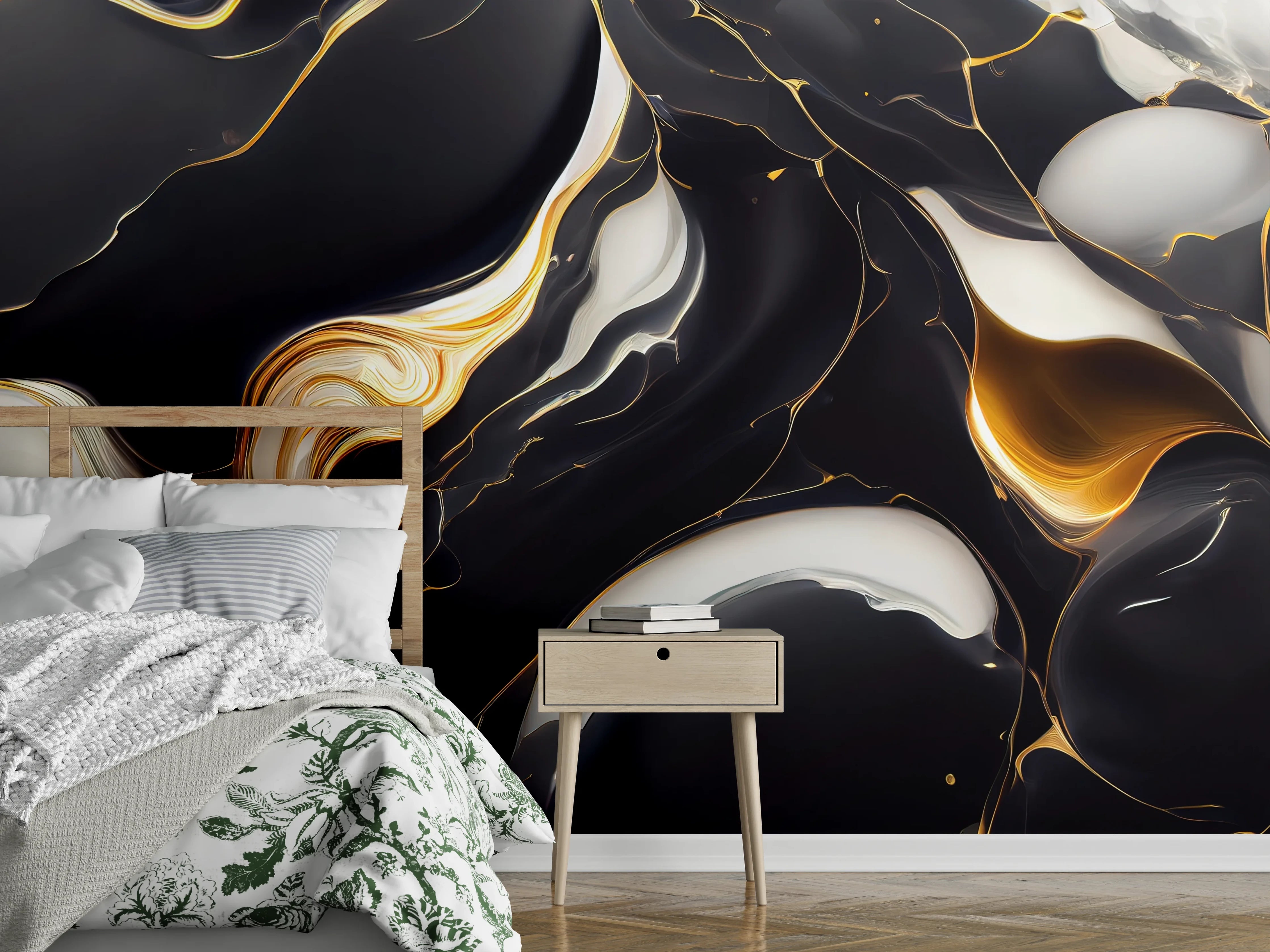 Wandverkleidung Schlafzimmer - Grauweißes Marmorbild mit Goldglanz
