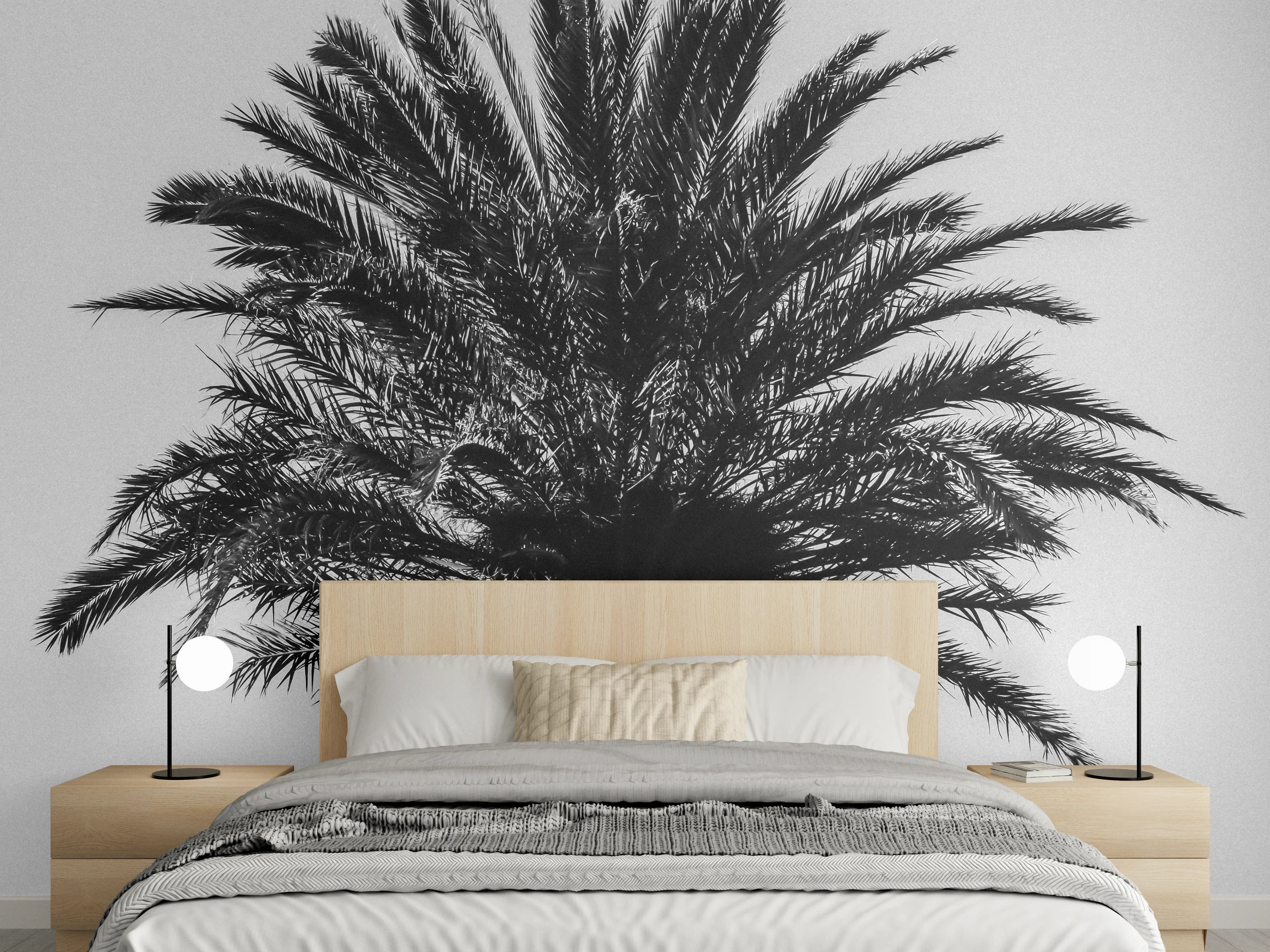 Wandverkleidung Schlafzimmer - Grauweißes Palmenbild