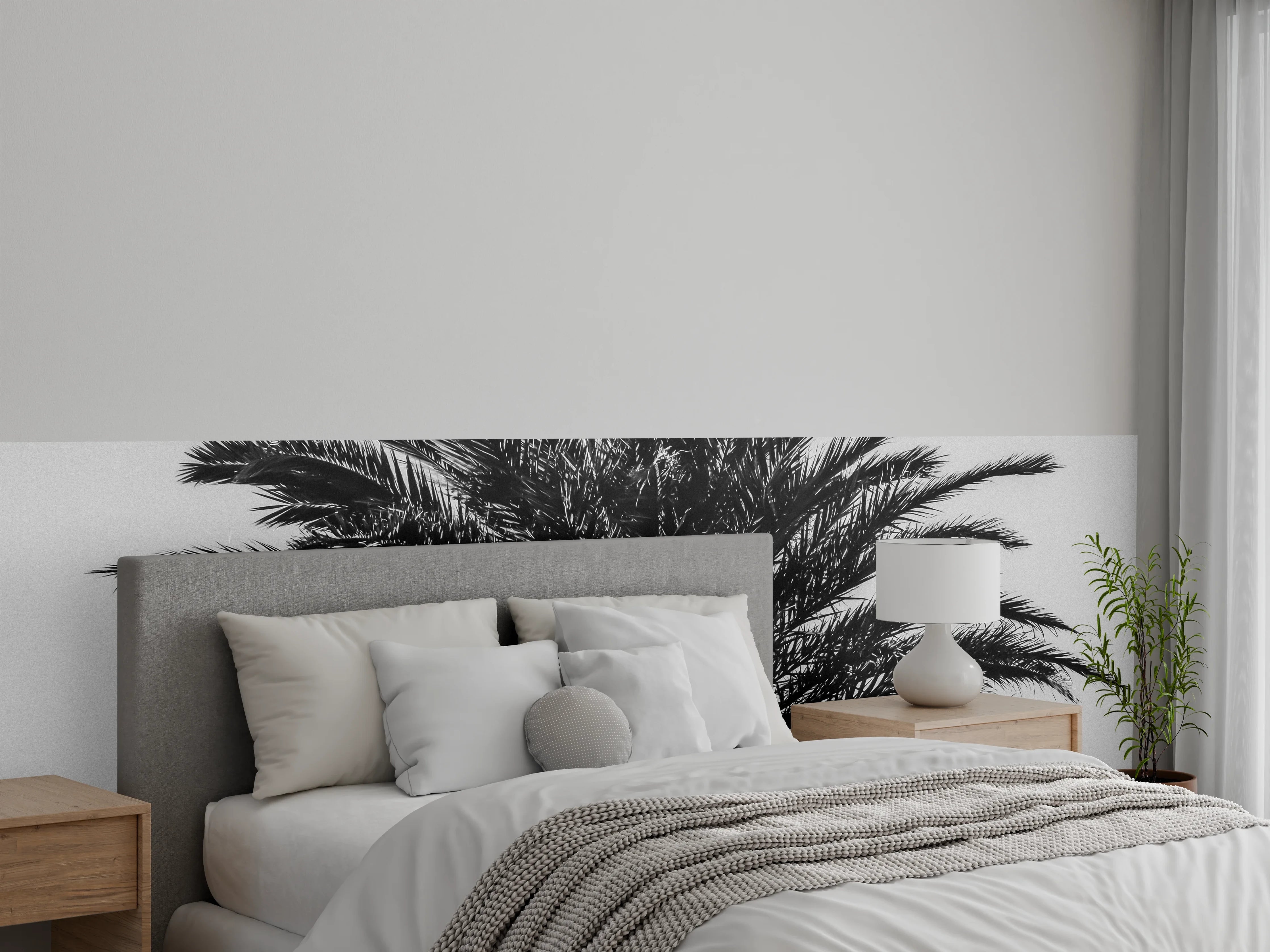 Wandverkleidung Schlafzimmer - Grauweißes Palmenbild