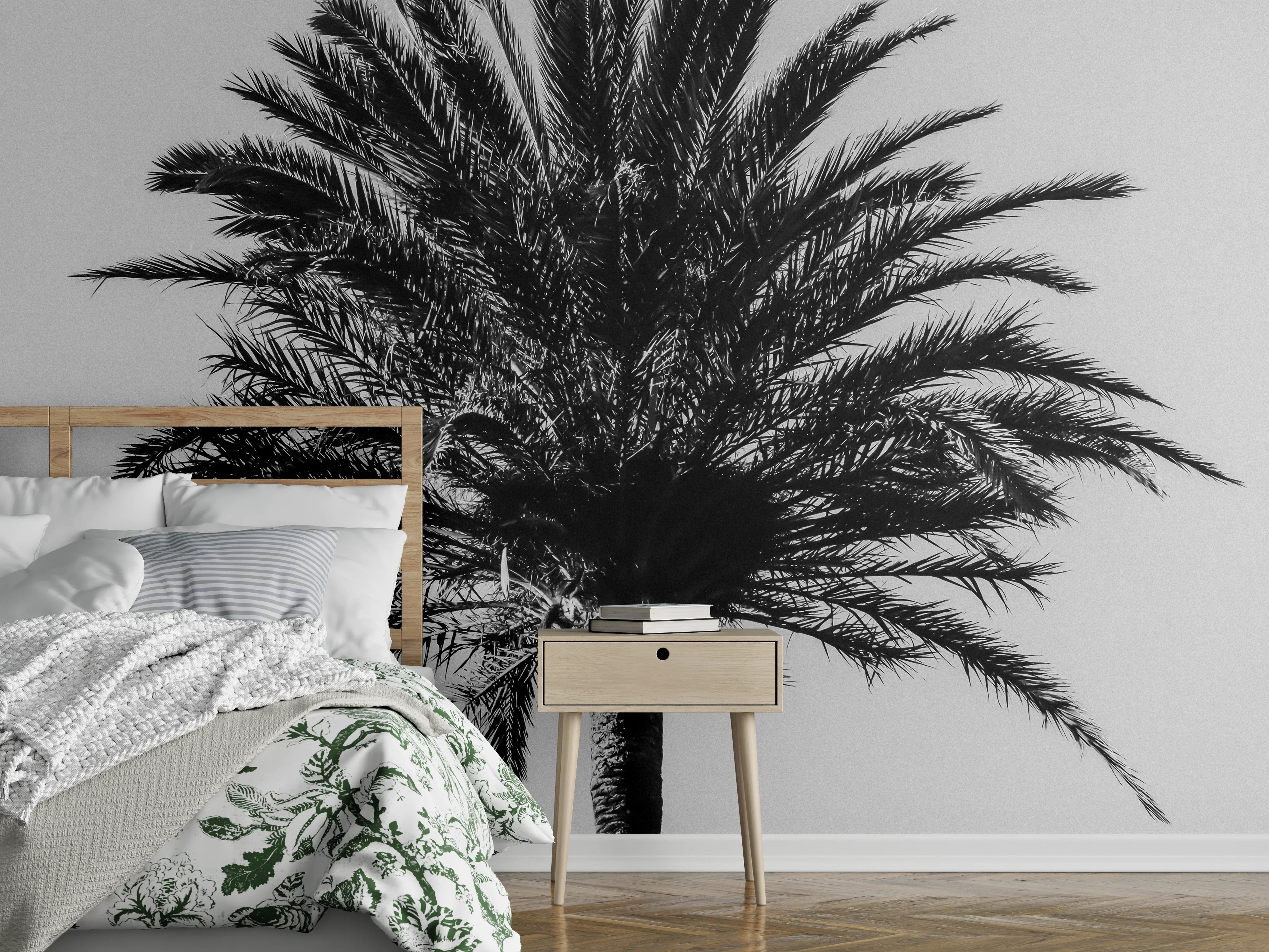 Wandverkleidung Schlafzimmer - Grauweißes Palmenbild