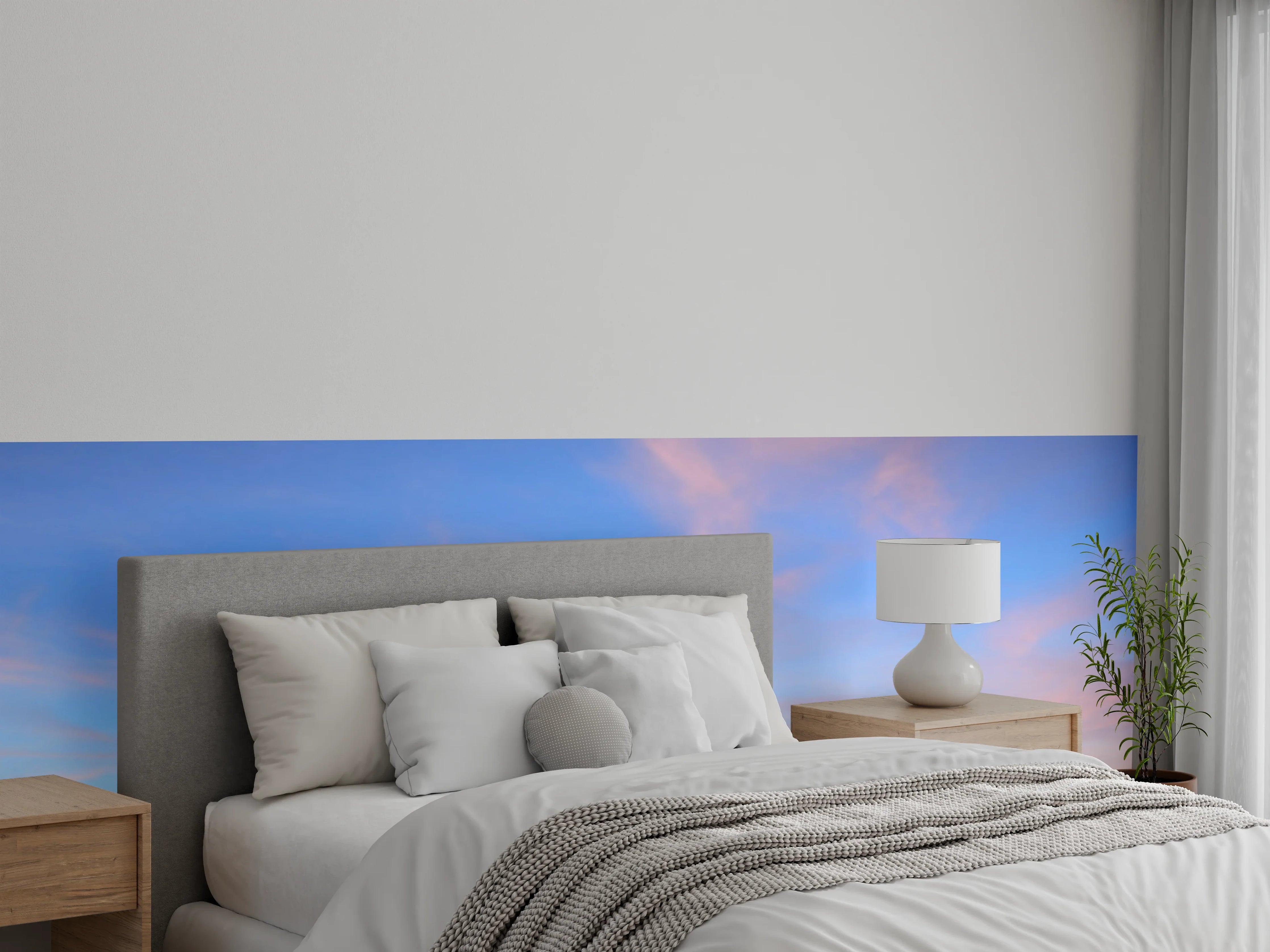 Wandverkleidung Schlafzimmer - Grauweißes Wolkenspiel am Pastellhimmel