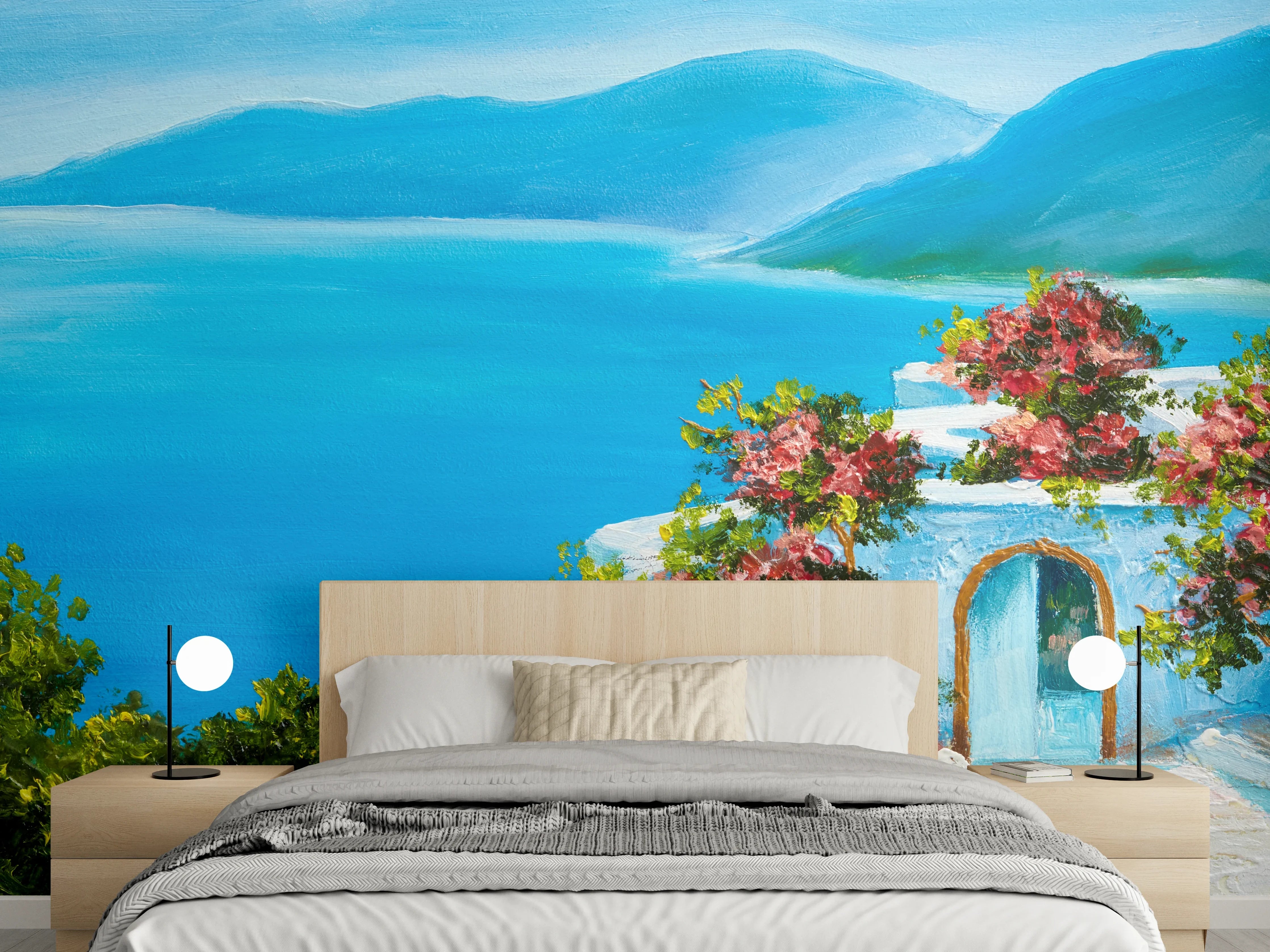 Wandverkleidung Schlafzimmer - Griechische Küstenidylle in Blau und Weiß