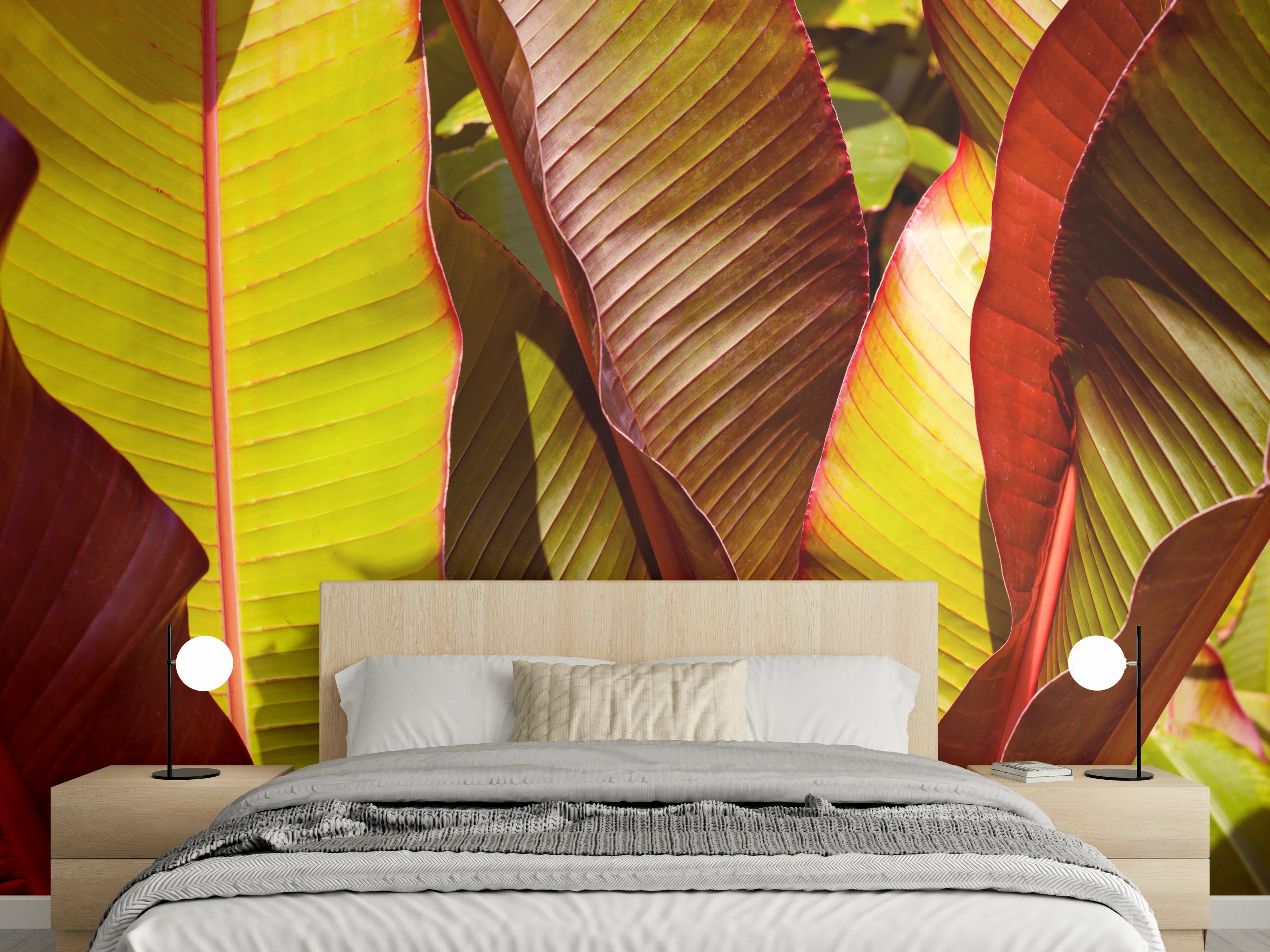 Wandverkleidung Schlafzimmer - Großformatige Bananenblätter grün-braun