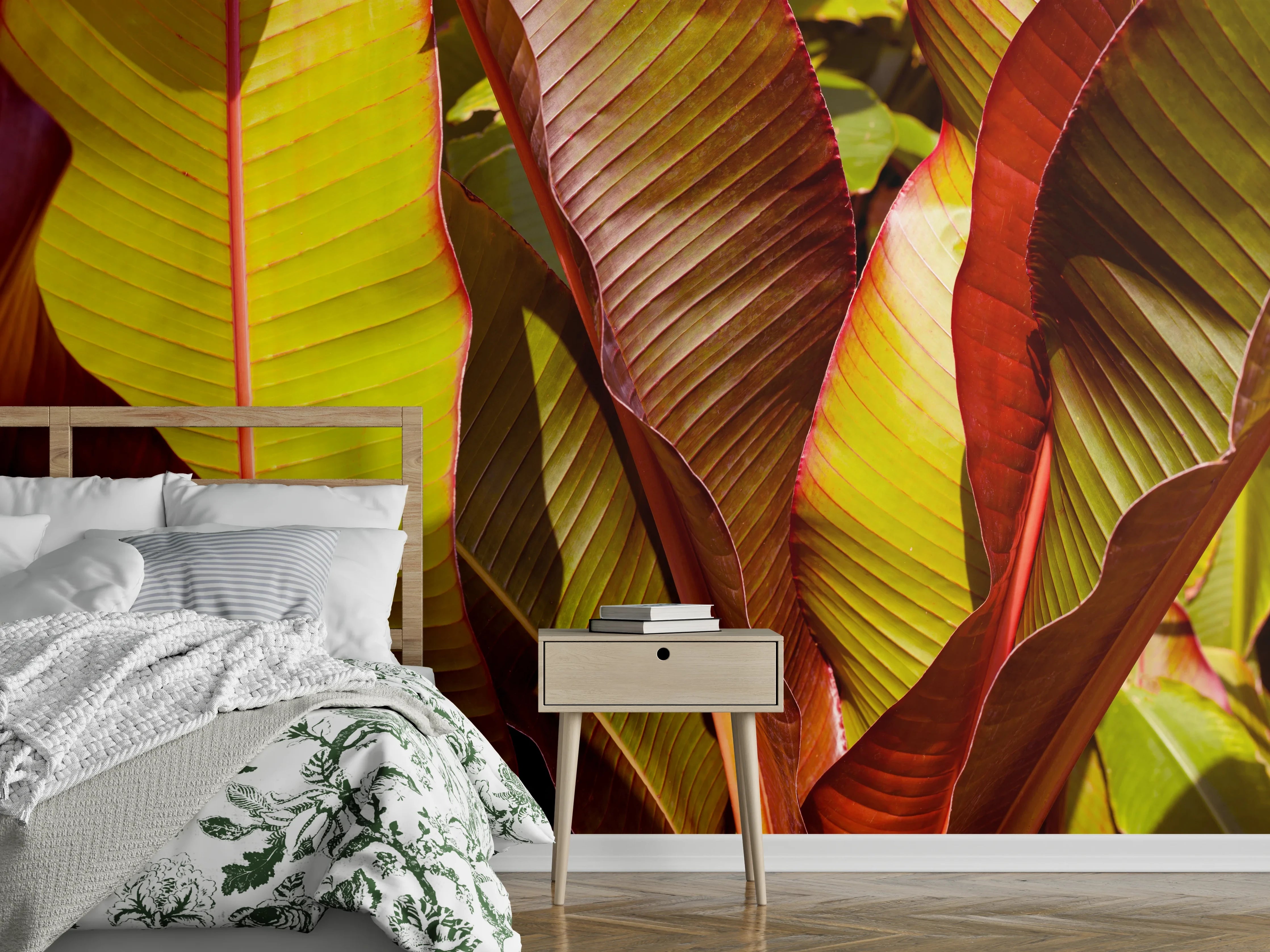 Wandverkleidung Schlafzimmer - Großformatige Bananenblätter grün-braun